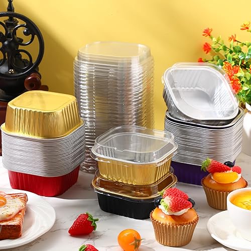 Miniatura 6 de 150 moldes desechables de 10 onzas para hornear pasteles con tapas, papel de aluminio, tazas para hornear cupcakes, pudín, postres, galletas,