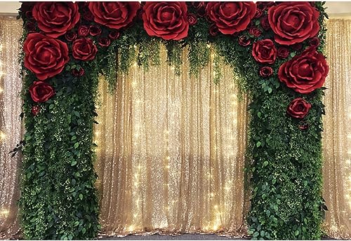 Miniatura 4 de Fondo de fotografía de pared de lentejuelas doradas de 12 x 10 pies, fondo de decoración de vid de árbol rojo rosa verde para boda, cumpleaños,