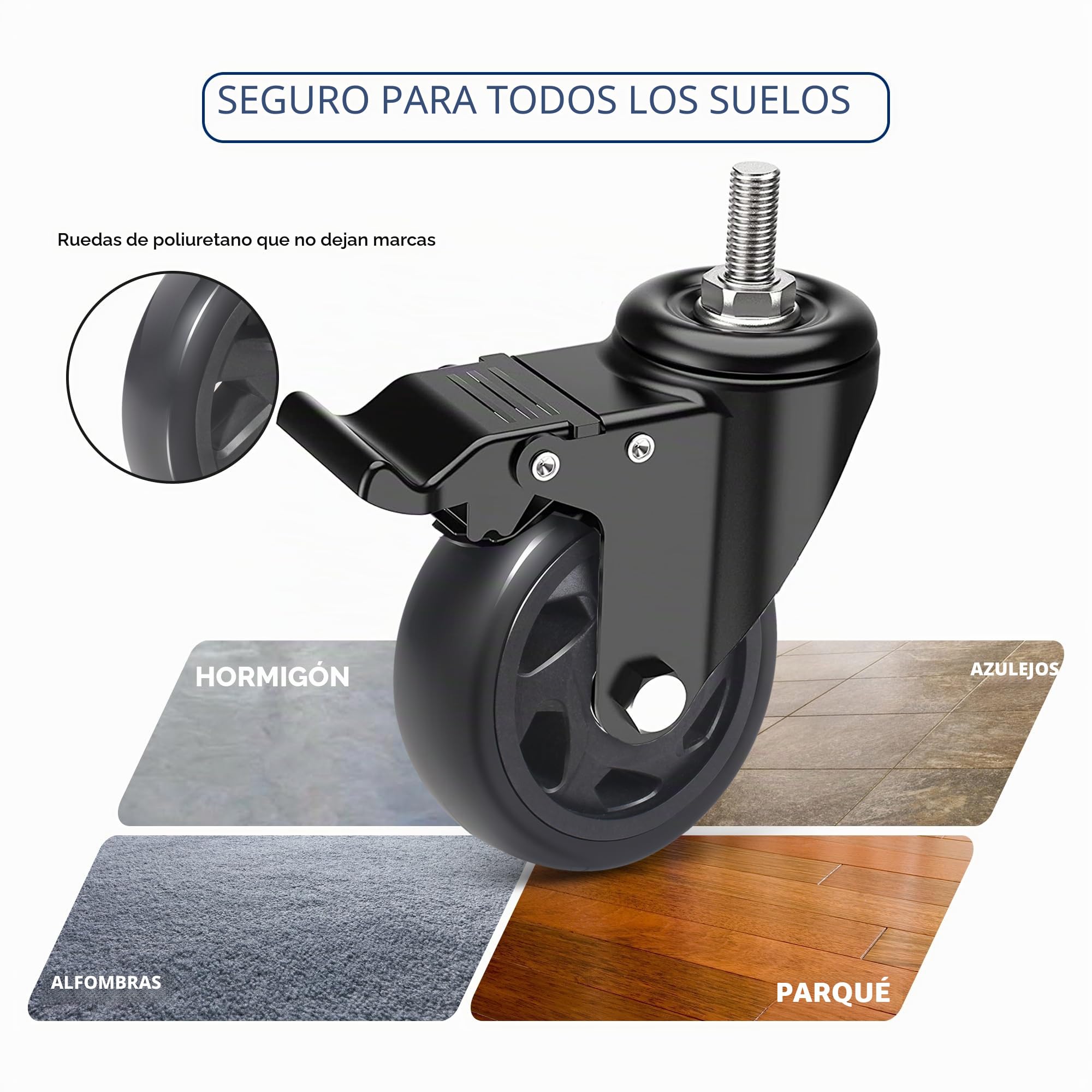 Ruedas para Muebles con Pasador Roscado 10 mm x 30 mm, Lote de 4 Pivotantes 75MM con Freno Hasta 400kg, Giratorias Industriales 360°, PU No Dejan Marcas