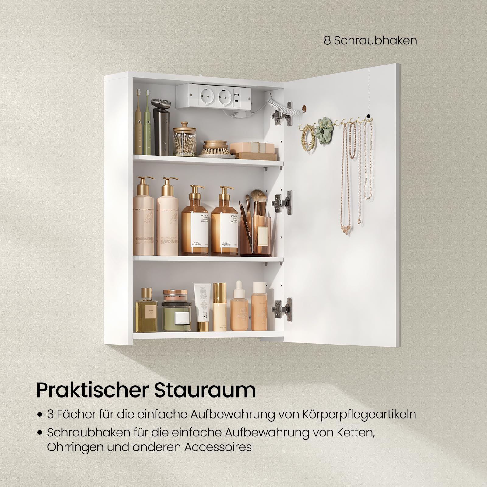 EUGAD Spiegelschrank für kleine Wohnungen Badzimmer, mit 1 Spiegeltür, 3 einstellbare Farbtemperaturen, mit verstellbaren Einlegeböden und Steckdosen, Weiß, 50 x 70 x 14,5 cm