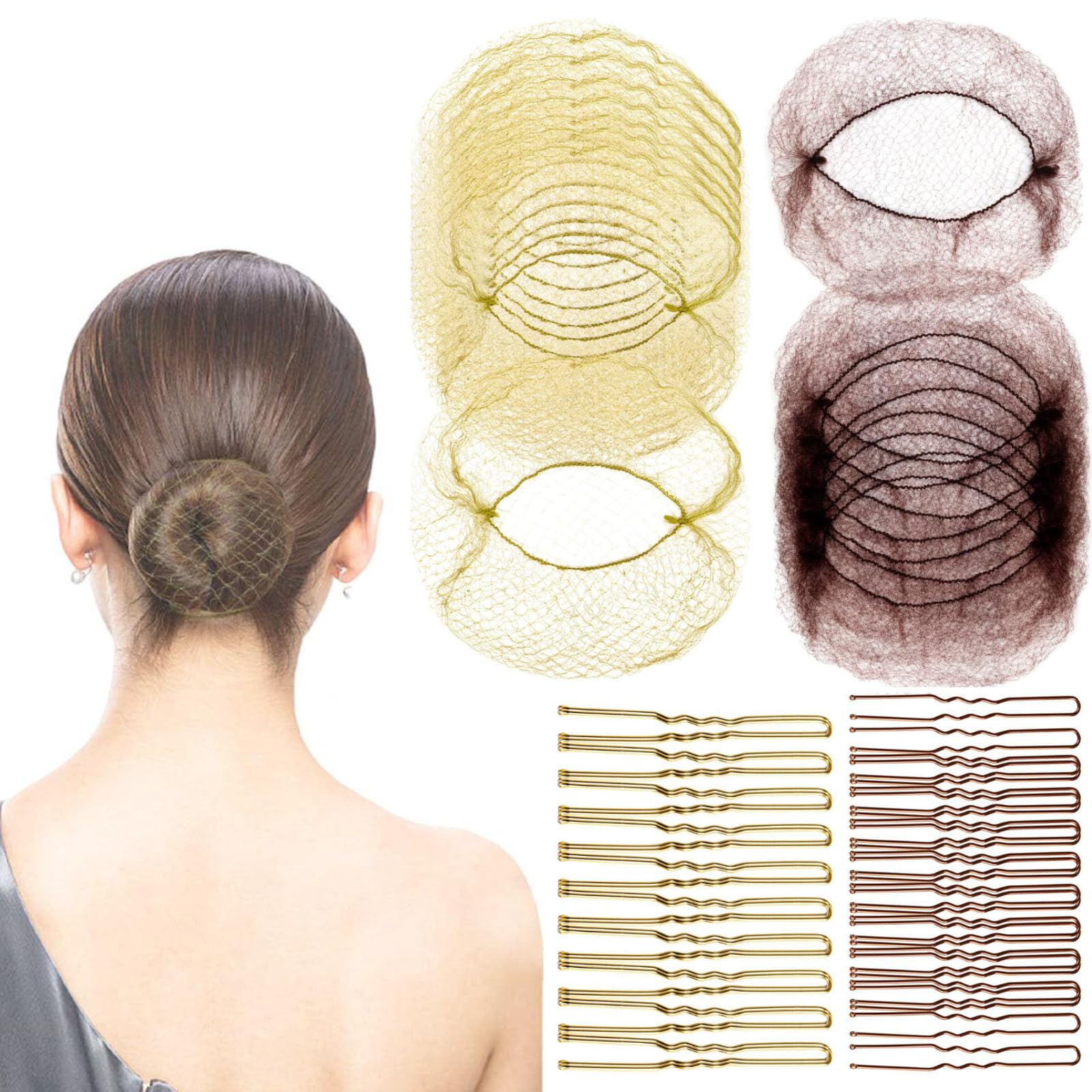 20pcs Hair Nets for Buns with 40pcs U Shaped Pins, Invisible Bun Nets and Hair Pins Set Elastic Mesh Thin for Women, Ballet Dancer, Nurses, Air Hostess (Gold+Brown)
