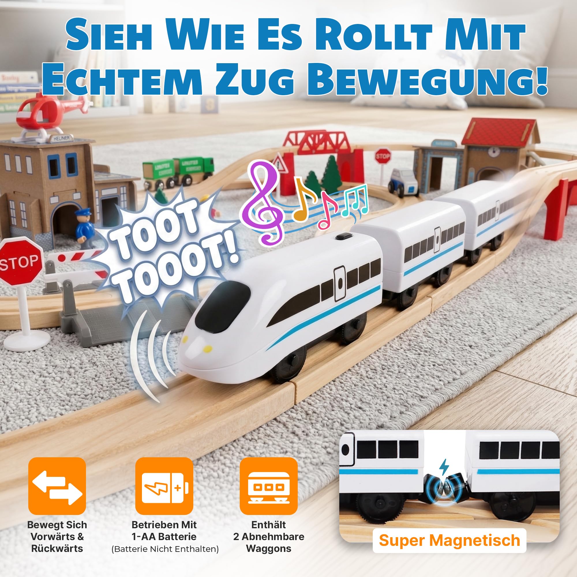 Green series Holzeisenbahn Set für Kinder - Eisenbahn Holz | Spielzeug Zug | Polizeistation, Autobahn und Bahnset mit Brücke, 80 Teilen, 378 cm lang | Holz Eisenbahnen | Holzzug | Modell GS0010