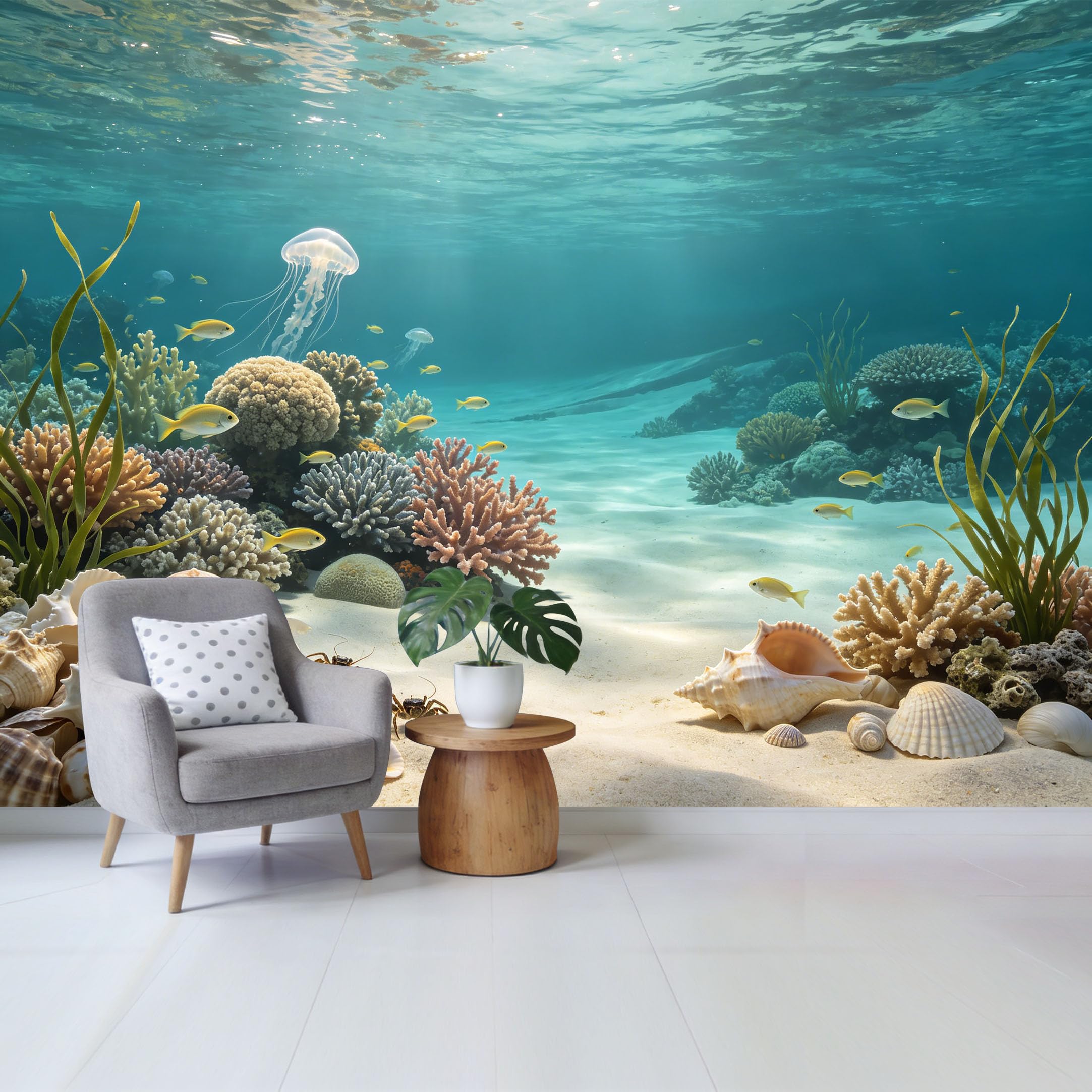Custom Size Wall Mural Tropical Underwater Marine Ocean Coral Reef with Jellyfish and Seashells Removable Self Adhesive Fabric，Home Wall Decor for Living Room Bedroom Bathroom