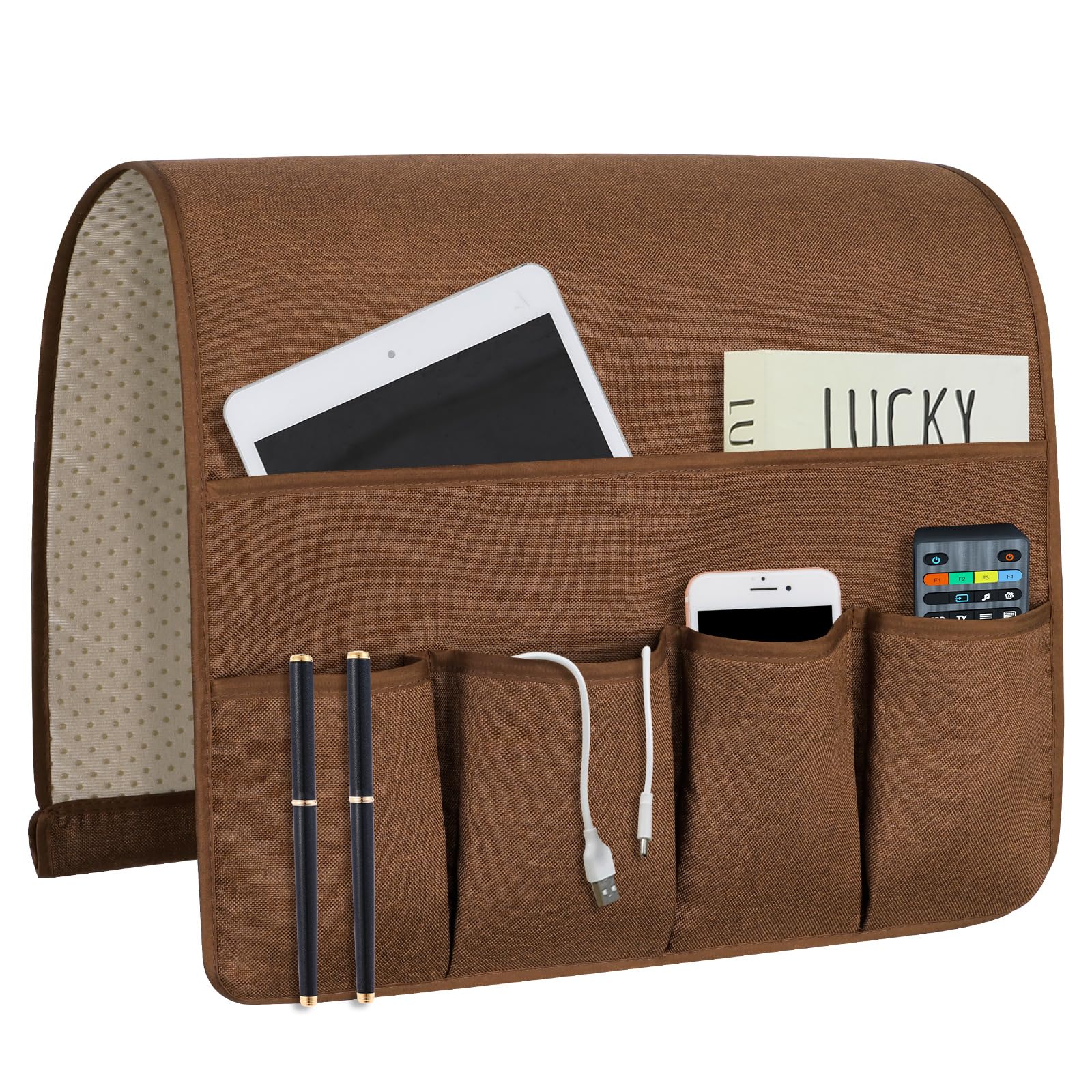 Nb Brown Sofa Armrest Organize Remote Holder Bedside Caddy Organizer With 5 Pockets，Non-Slip Couch Remote Control Holder Couch Armchair Caddy Accessories (, 35''X18'')