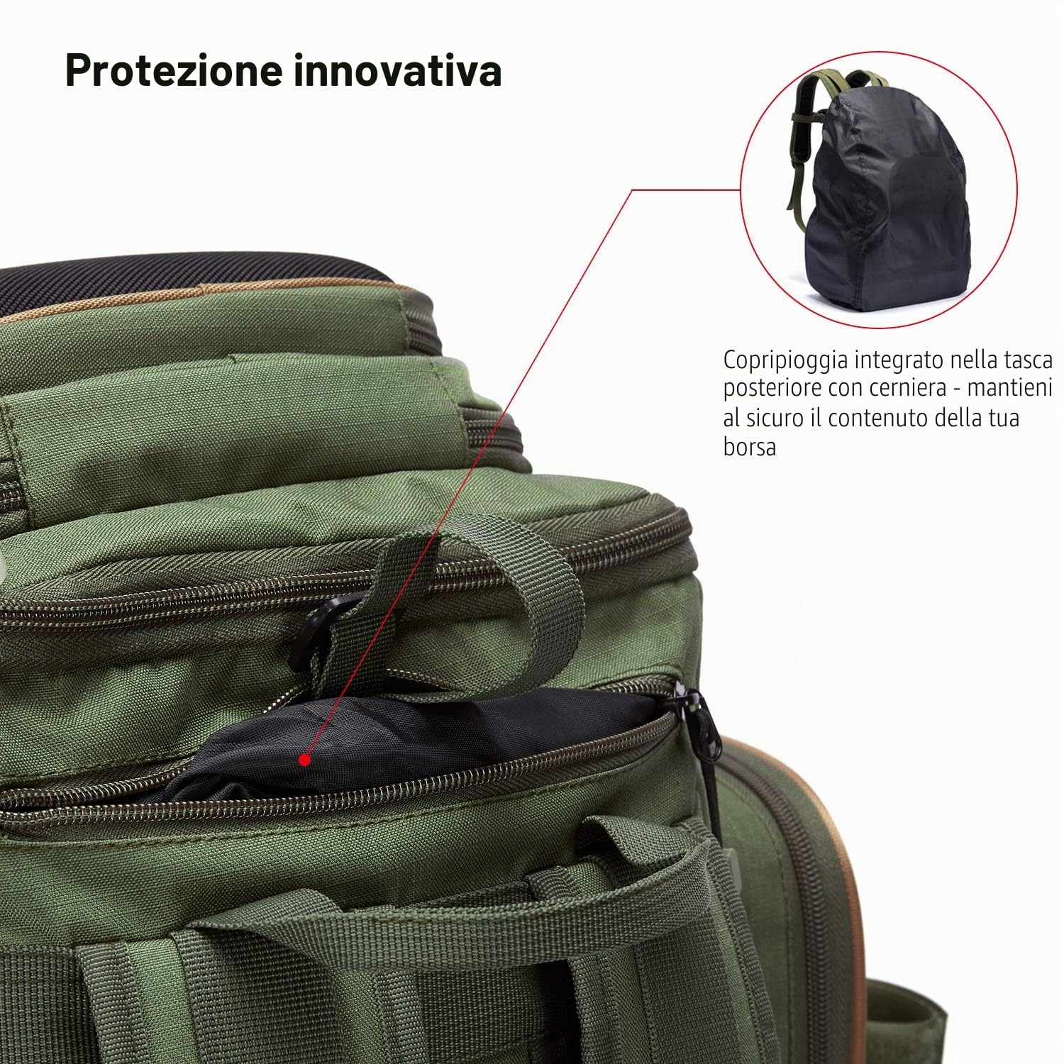 Bassdash Zaino da Pesca Borsa da Pesca Borsa Tattica Leggera e Resistente all'Acqua con portacanne e Copertura Antipioggia Protettiva