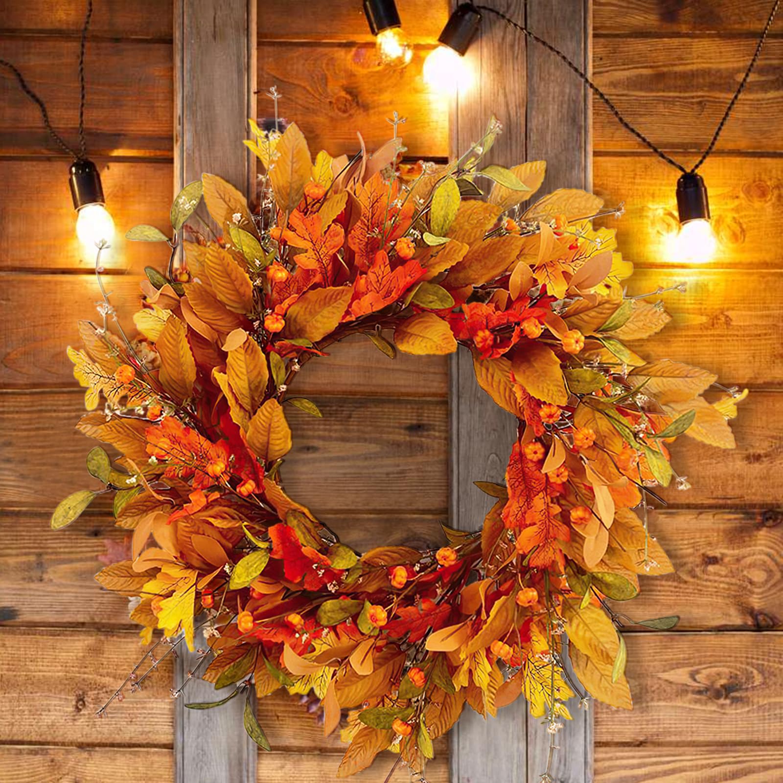 Betylifoy Ghirlanda autunnale artificiale per porta d'ingresso, ghirlanda autunnale con foglie di eucalipto, zucca e bacche, decorativa in finto rattan, per casa, esterni, veranda, decorazione del