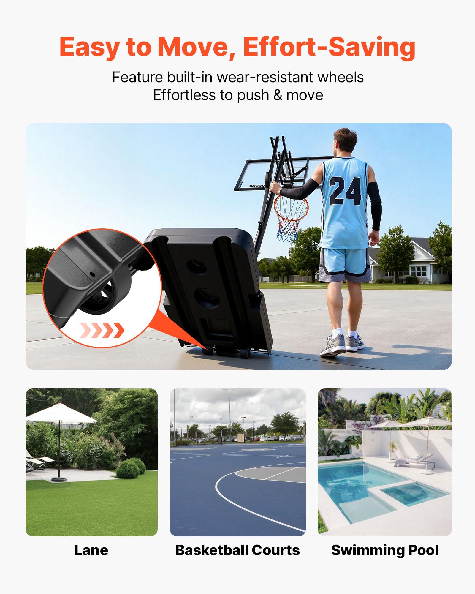 VEVOR Supporto da Basket Portatile Massimo 3,05 m Pallacanestro da Esterno con Piedistallo Regolabile in Altezza Design di Sollevamento, con Ruote e Tabellone PC da 1219,2 mm, per Cortili, Scuole