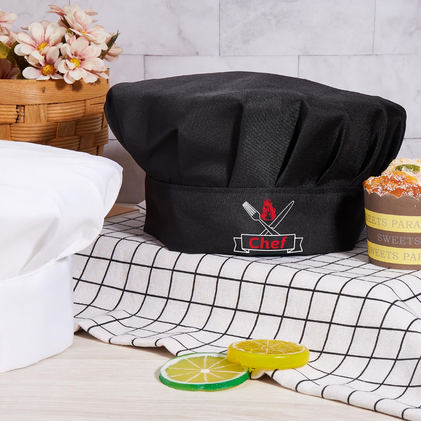CREATCABIN Toque Chef Adulte Réglable Élastique Boulanger Cuisine Traiteur Vêtements Cuisine Chapeau Cuisine Personnalisé Coton Casquette Chef Respirant pour Grillades Pâtisserie Barbecue Noir 30x23cm