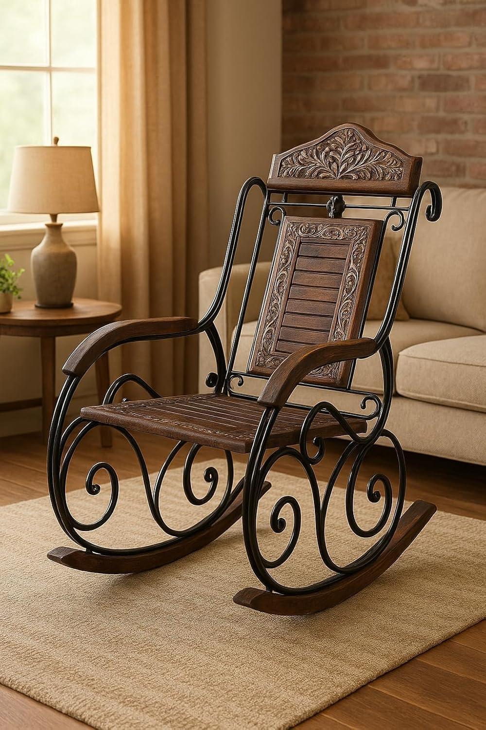 WOODISA KRAFTS Wooden & Iron Rocking Chair for Living Room | Handcrafted Designer Rocker with Carved Backrest | Antique Finish Relaxing Chair for Home, Balcony & Bedroom Furniture-image-24