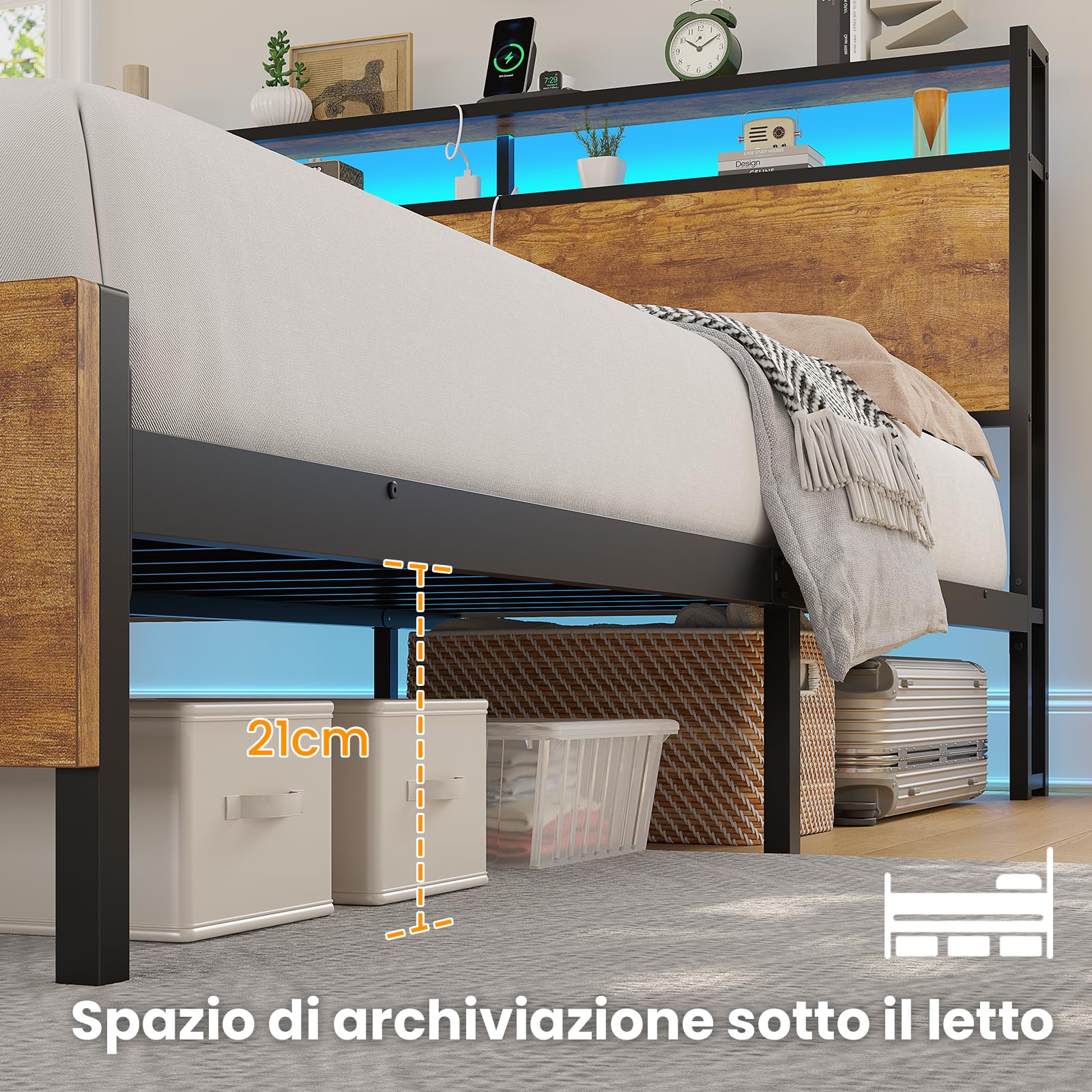 Brinlawb Struttura Letto Singolo 90x200 cm con Luce LED e Stazione di Ricarica (2 Prese CA, 2 Porte USB) Struttura Letto 90x200 cm con struttura in metallo, Facile da montare, Moderno, Marrone
