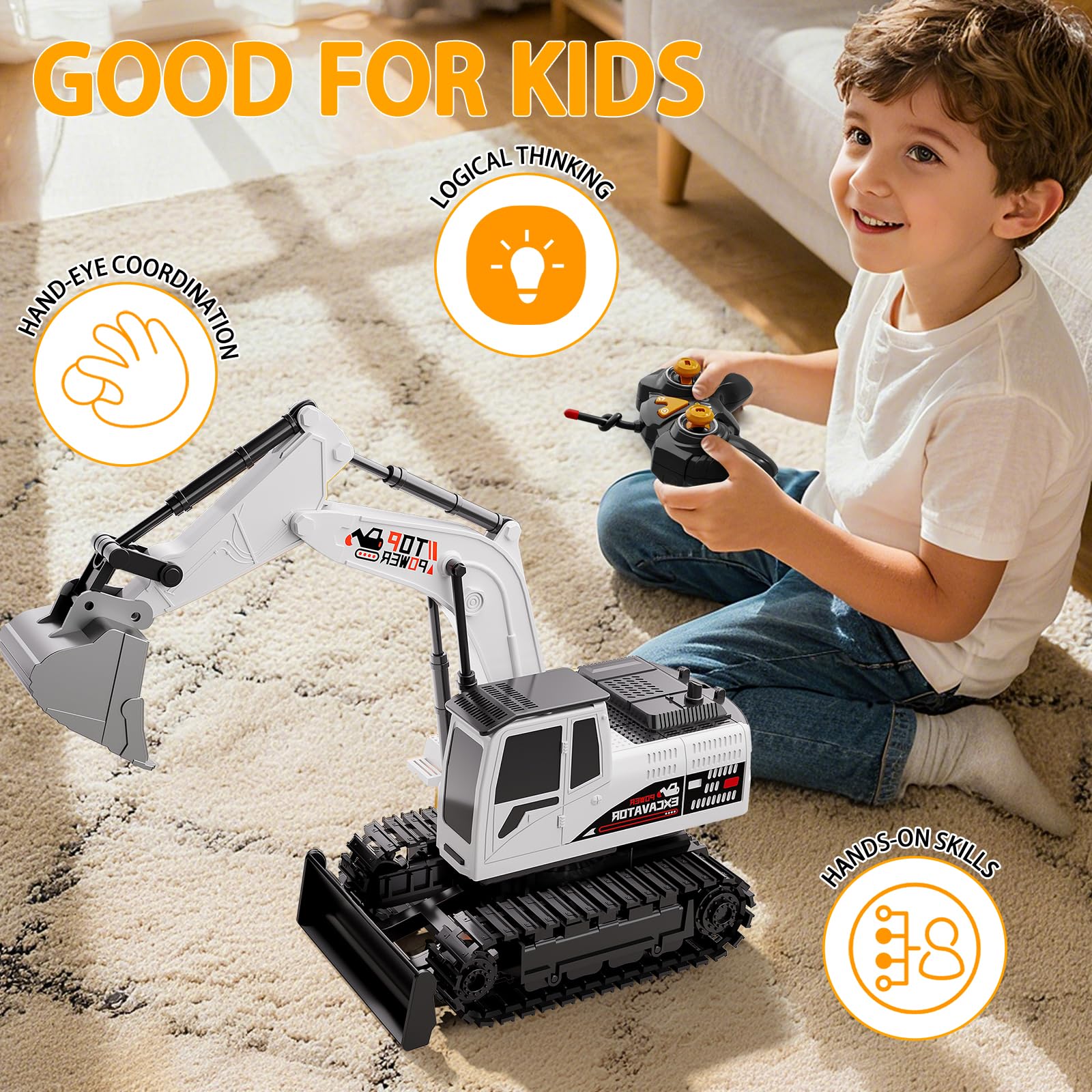 Excavadora de control remoto para niños de 4 a 7 años, excavadora RC para niños, camiones de construcción de 27 MHz, vehículos de juguetes para niños pequeños de 1-3, 3, 5, 4-7 con pala de 4