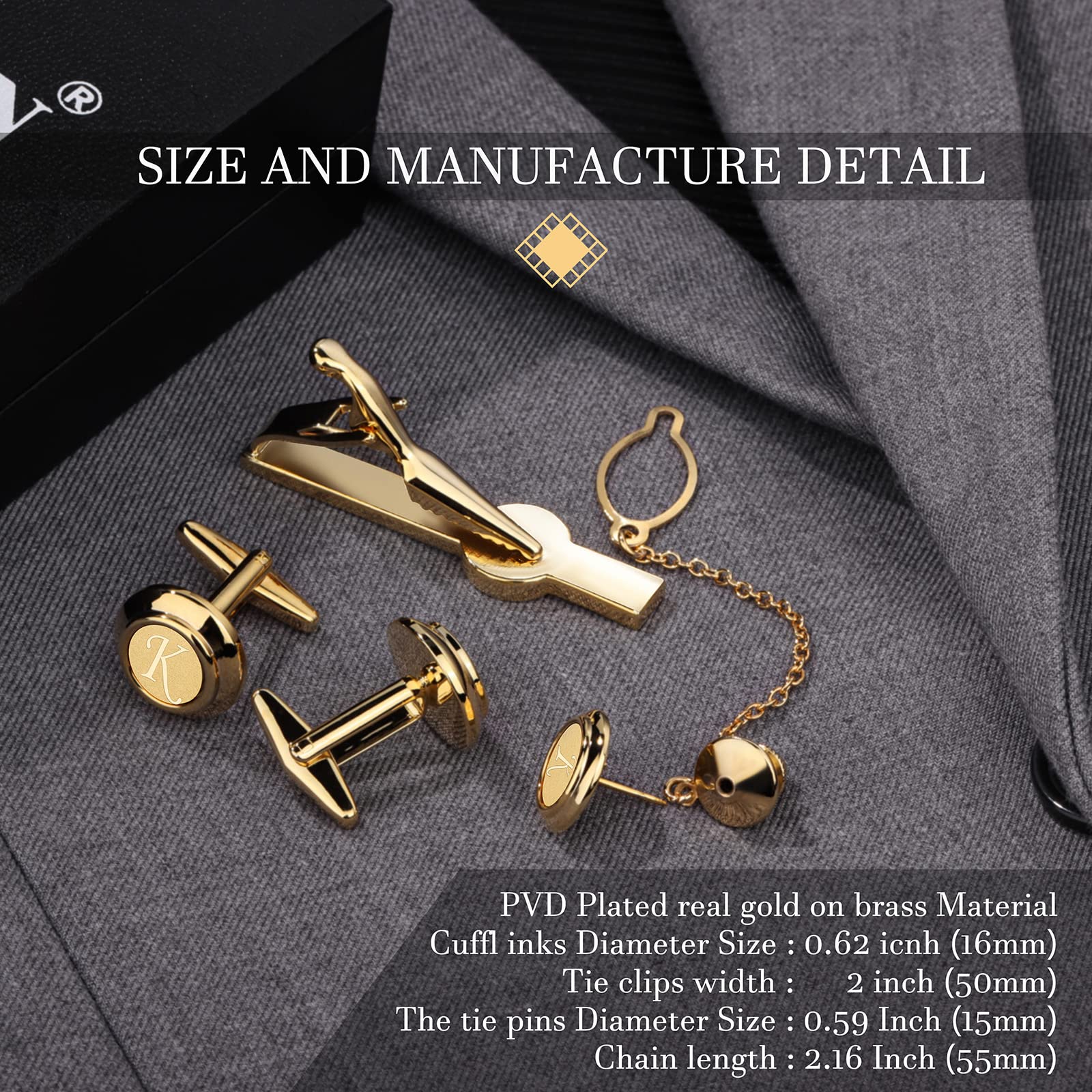 HAWSON Fermacravatta da 5 cm con gemelli e fermacravatta da uomo (A-Z), spille da bavero per abito da uomo, smoking, accessori per cravatta, camicie