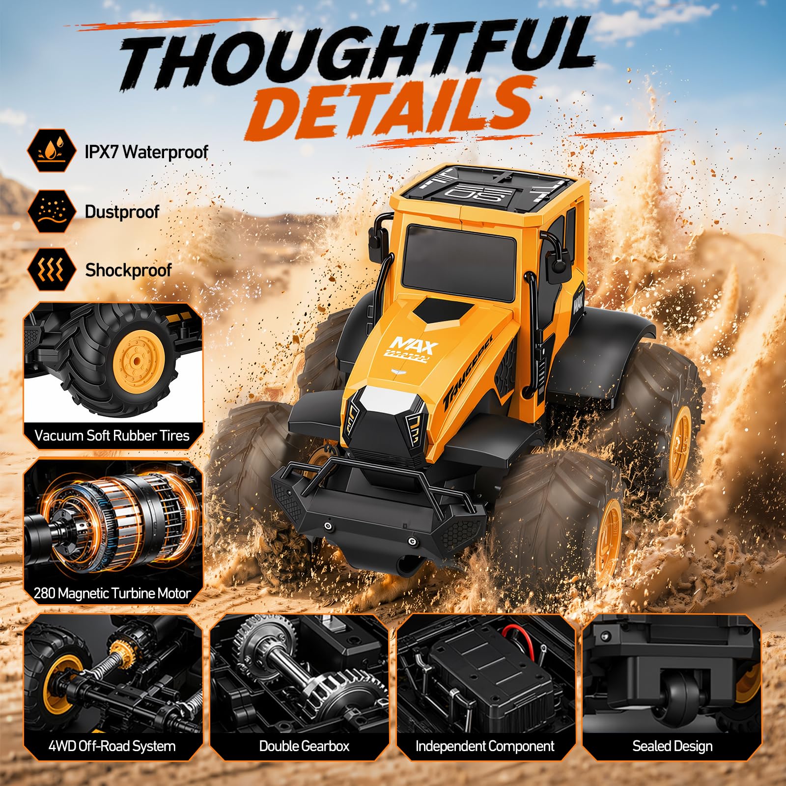 Macchina Telecomandata, Auto Radiocomandata Fuoristrada da Esterno | Monster Truck Telecomandato Anfibio IPX7, Auto RC 15 km/h, 2 Batterie 80 Min, Rotazione 360°, Idea Regalo Bambino