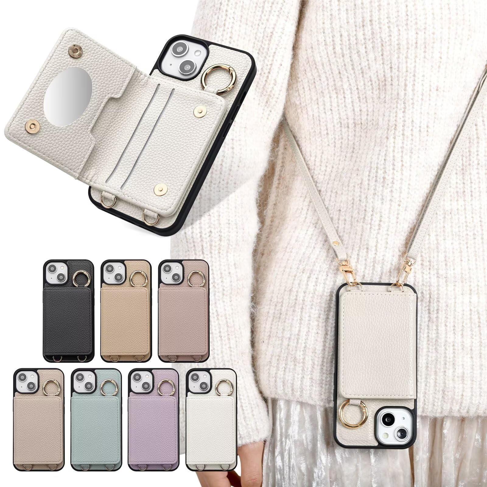 iPhone 16 ケース 手帳型 ショルダー おしゃれ スマホケース 斜めがけ 首掛け 女性 ストラップ 財布型 カバー アイフォン 16 携帯電話ケース レディース 小銭入れ 肩縄付き 調節可能な 横置き スタンド機能(ホワイト)