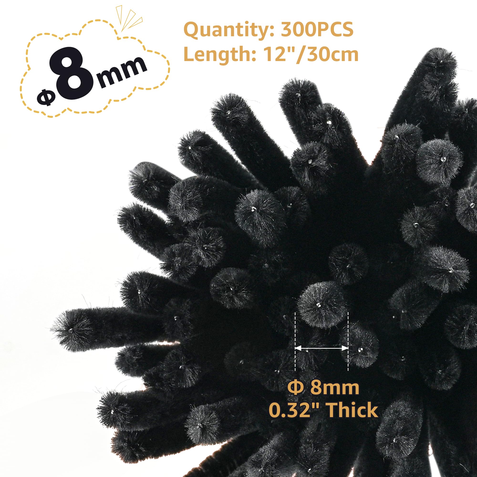 YONOVO 300 Pcs Black Pipe Cleaners for Crafts Hair Locs Bulk 8mm Thick 12 inch Long, Pipecleaners Chenille Stems Fuzzy Sticks Wire Tiges Chenilles Bendable for Kids DIY Craft Supplies