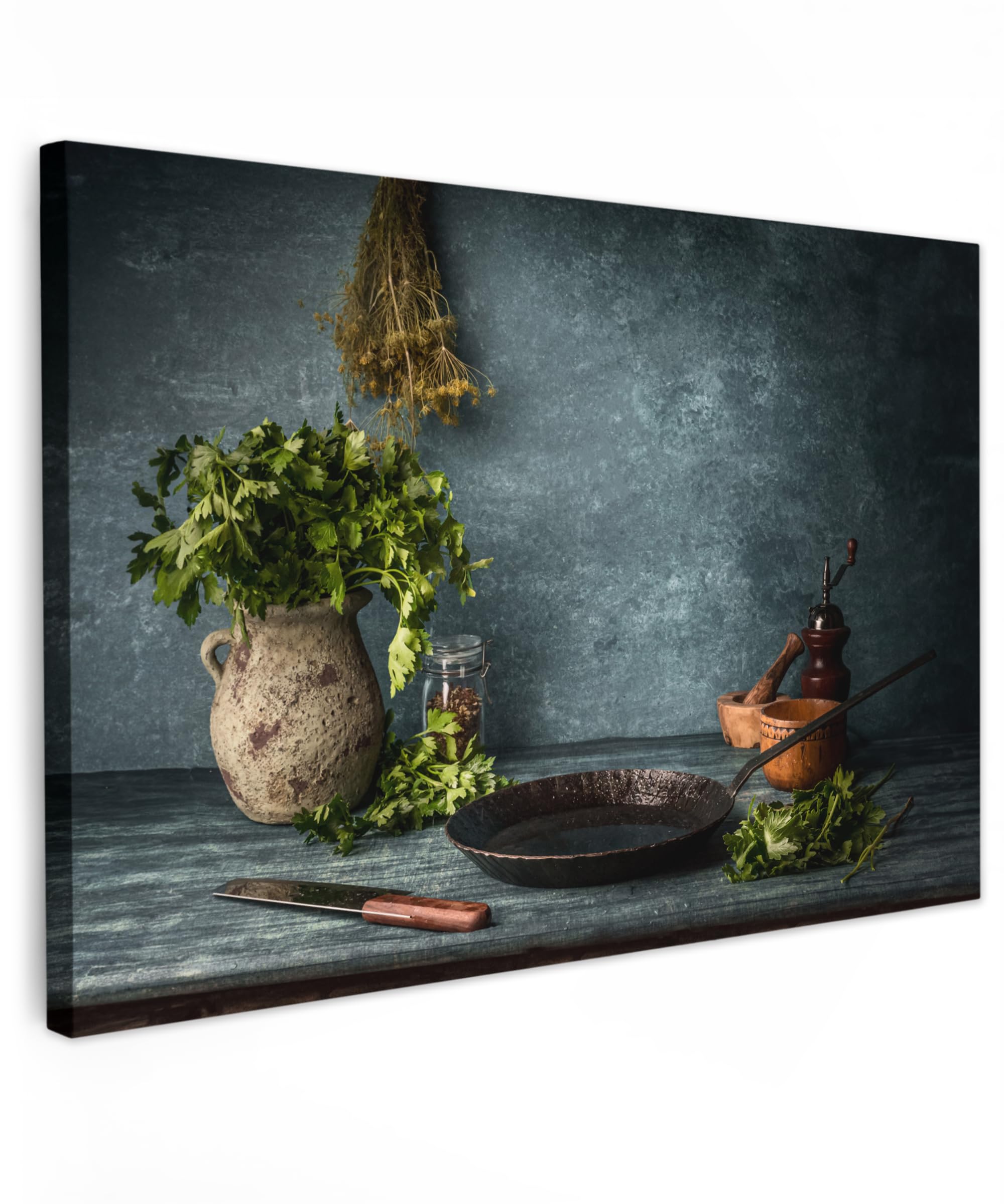 MuchoWow© Leinwände 60x40 cm Wall Decoration Bilder Schlafzimmer Küchen Deko Pictures Canvas Painting Wanddekoration Wohnzimmer Küchenbilder - Kräuter - Löffel - Gewürze - Italienisch