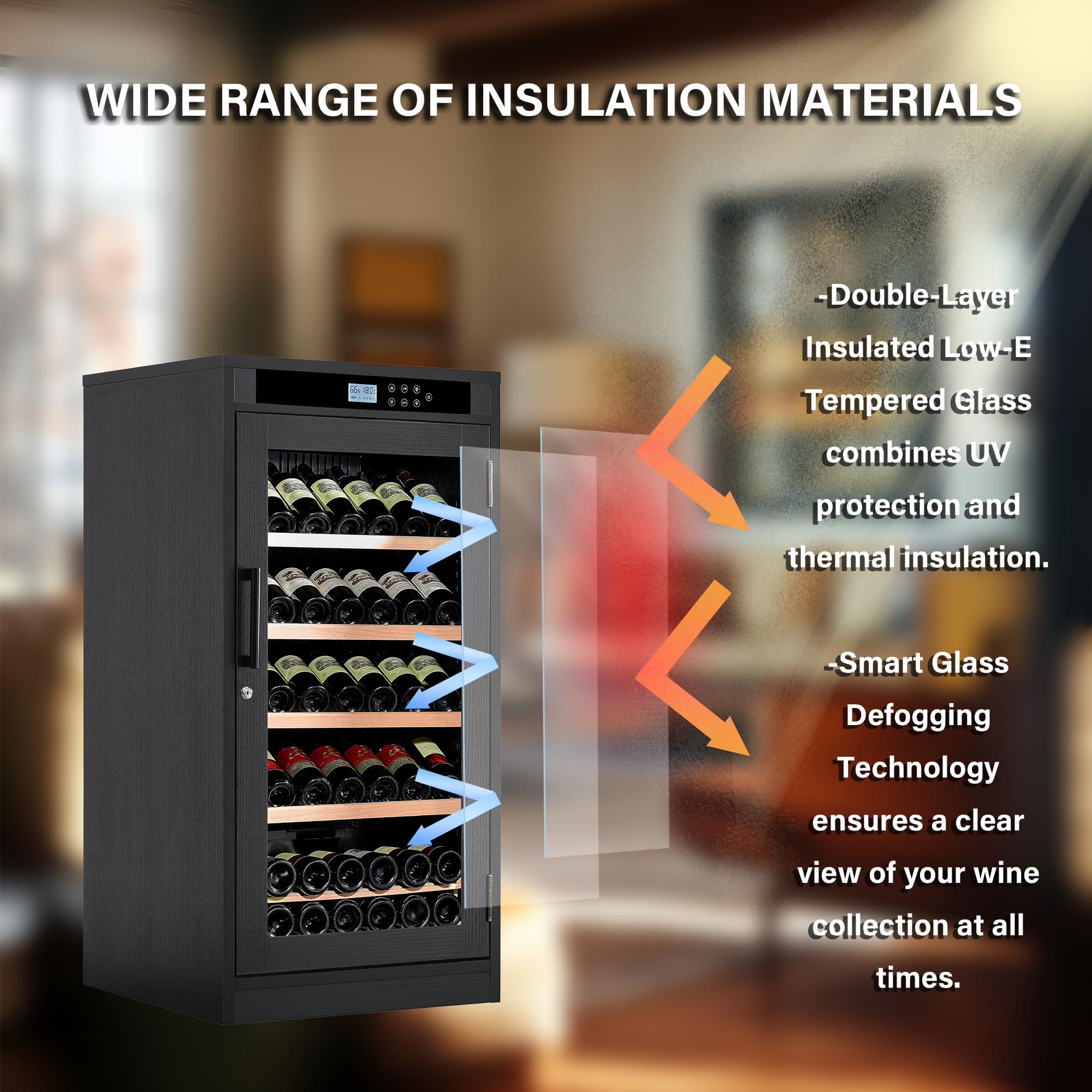 Relaxcabine 69 Bottles Wine Cooler LED Touch Screen, 7.6 Ft³ Wine Cabinet Constant Temperature & Humidity Control, Dual Layer Tempered Glass Door, Black Wood Exterior For Home, Kitchen Or Bar on Fridge.com - View 5