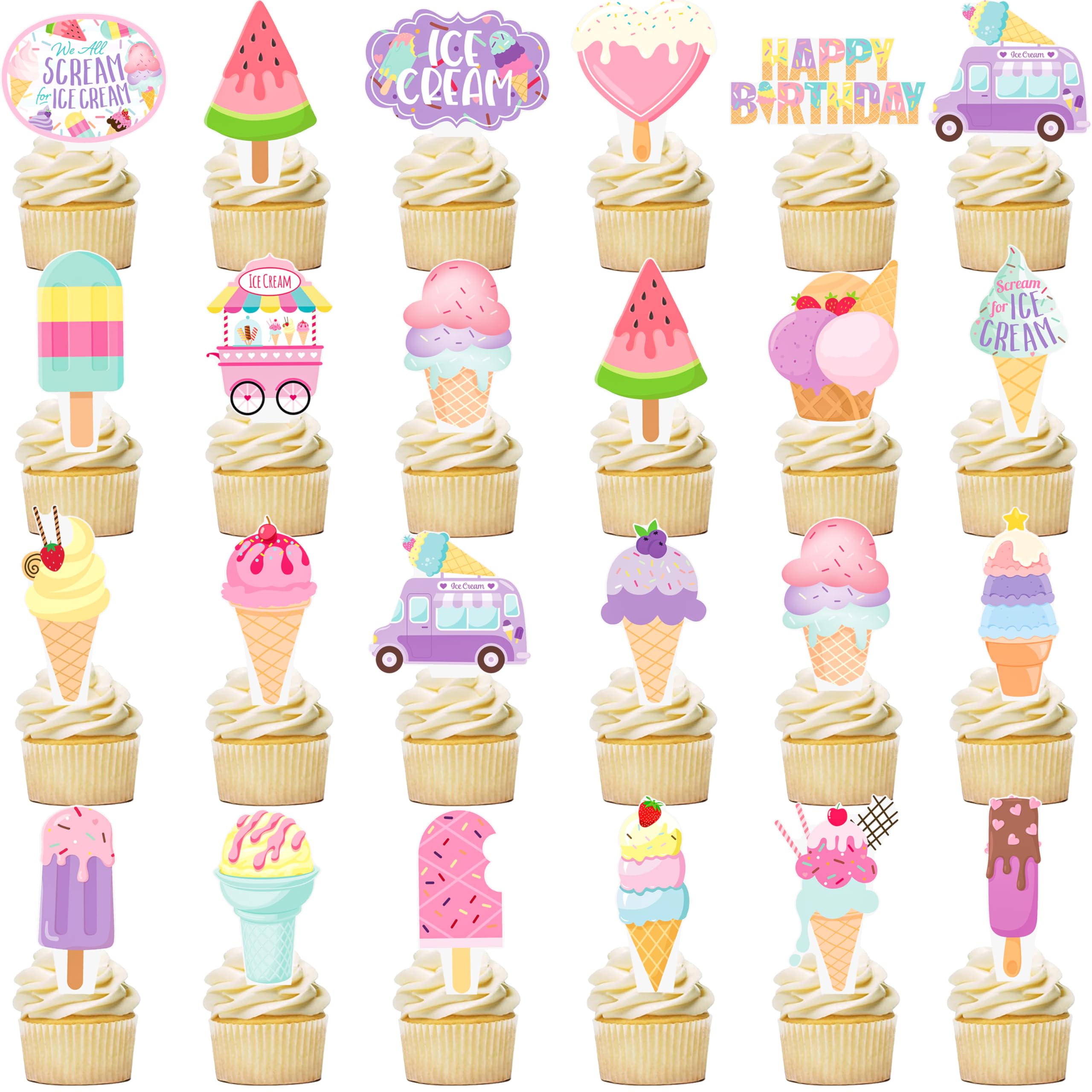 48Pcs Ice Cream Cupcake Toppers Summer Ice Cream Birthday Cake Picks Ice Cream Party Decorations for Sweet Summer Theme Baby Shower Supplies