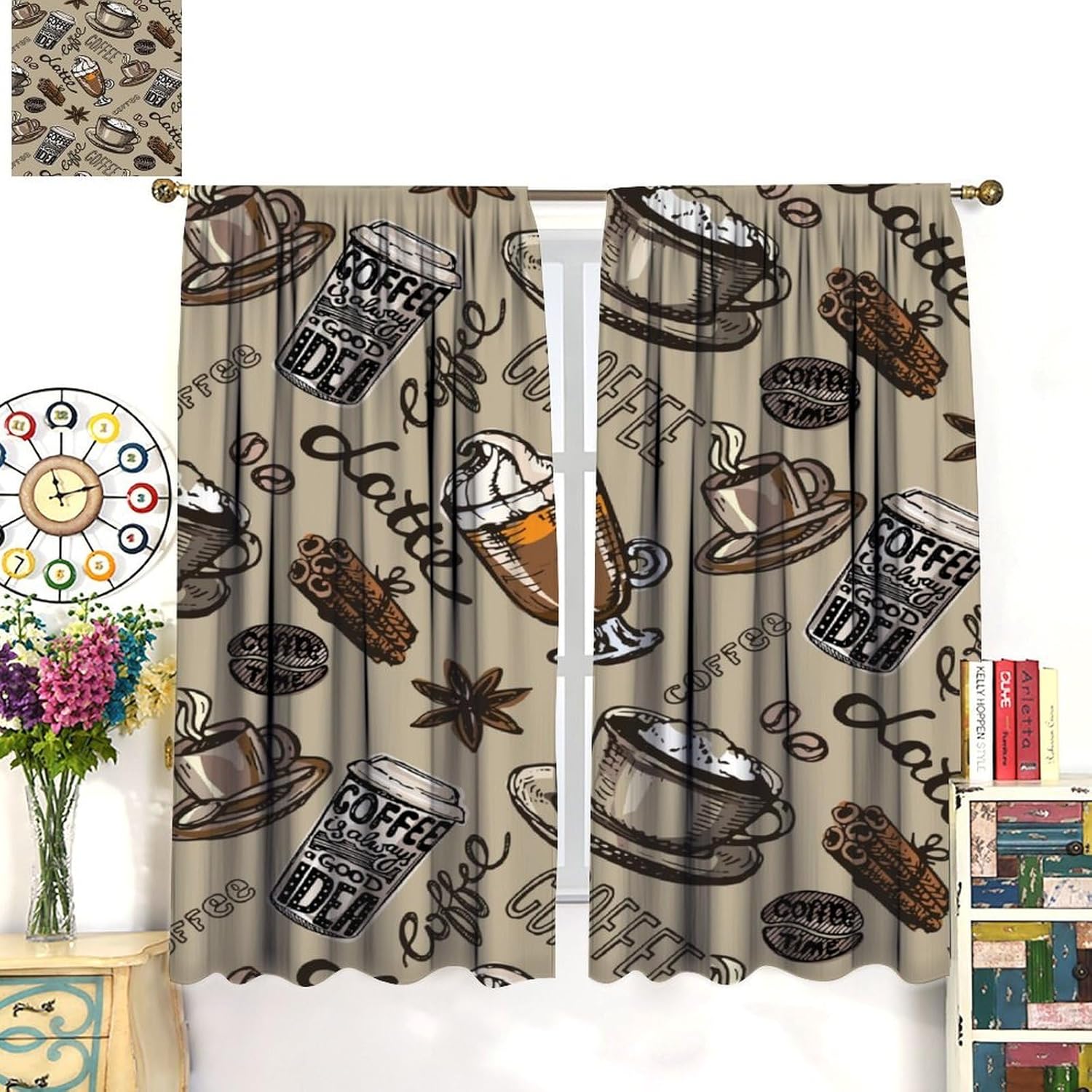 Vintage Coffee Curtains Rustic Style Abstract Mug Latte Rod Pocket Blackout Art Printed Window Treatment for Living Room Cafe Home Decor Window Drapes 2 Panels 42" W X 63" L