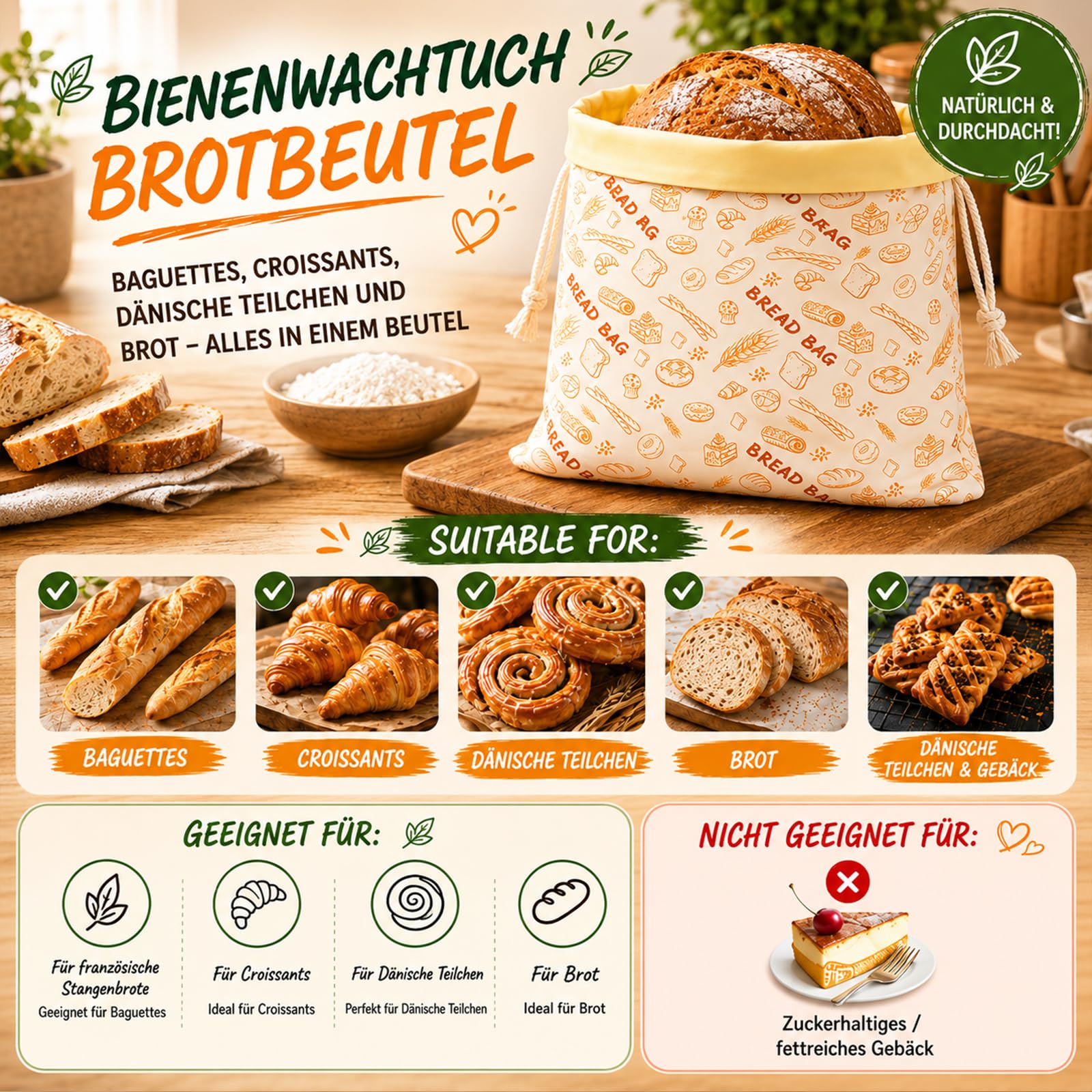 2 Stück Wiederverwendbare Bienenwachs Brotbeutel- Groß 43x33cm, Vollkommen natürliche Bienenwachs-Präservierung, Bienenwachs Brotbeutel für selbstgebackenes Brot und Backwaren