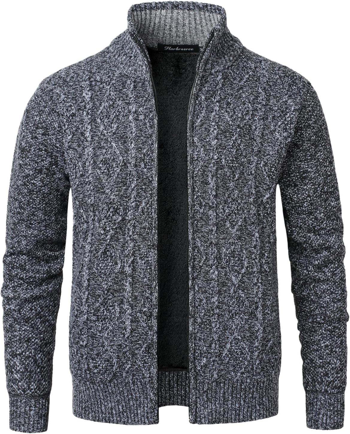 Men's Fleece Lined Cardigan Cable Knitted Sweater Full Zipper Knitwear with Pockets