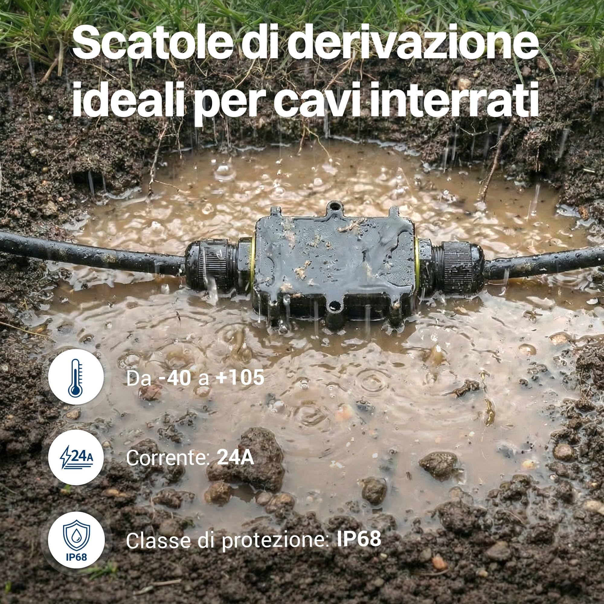 Scatola di giunzione impermeabile Intratec 10x con 2 aperture per cavi da 5-12 mm – Scatola di distribuzione esterna impermeabile IP68 installazione in giardino e cavi interrati – 138 x 43 x 36mm