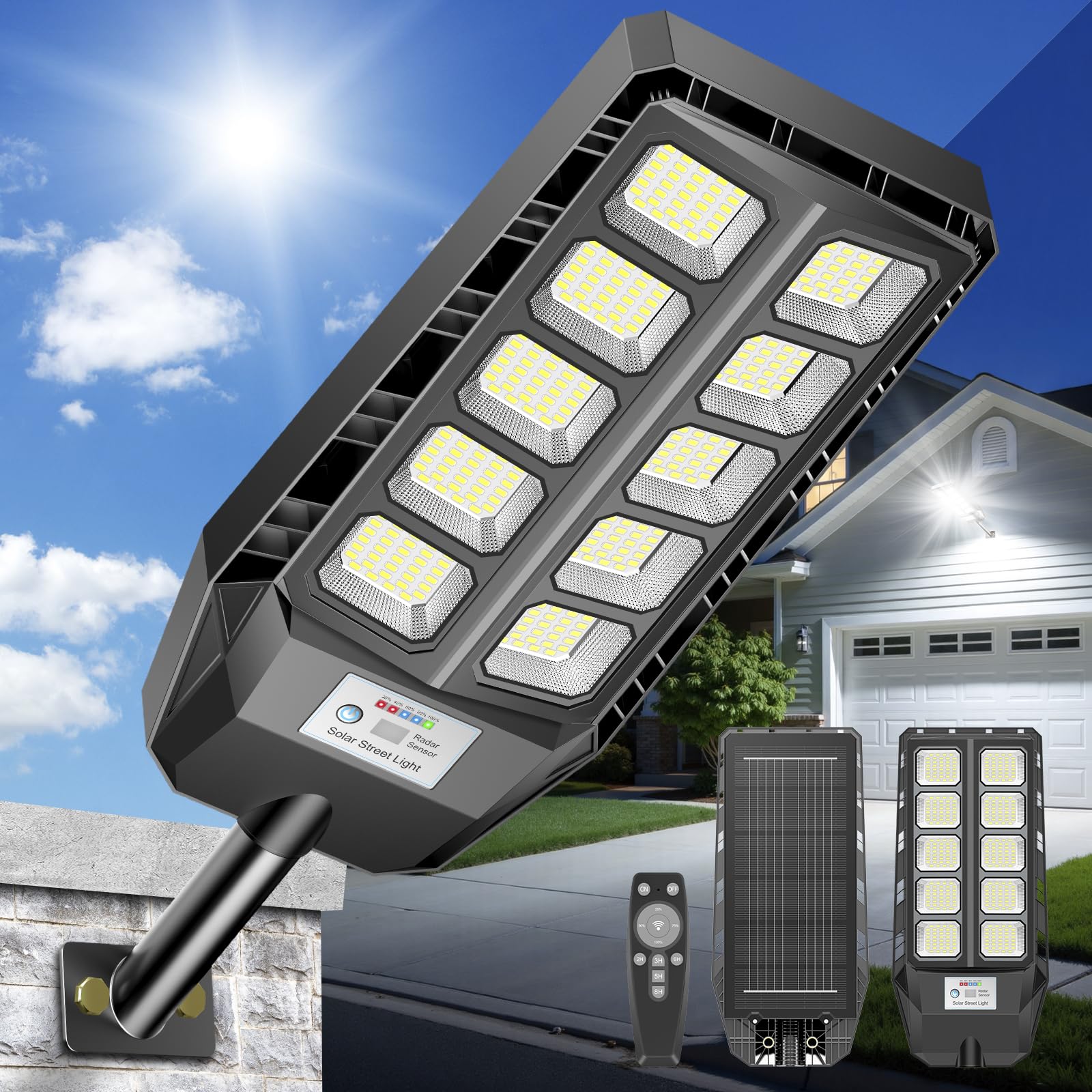 600W Lampione Solare LED Esterno Lampioni Solari a LED da Esterno, 330 LED Luminosi, 6500K, 4 Modalità con Telecomando, IP67 Impermeabile, Grandangolo 240°, Alta Efficienza 30% per Strada