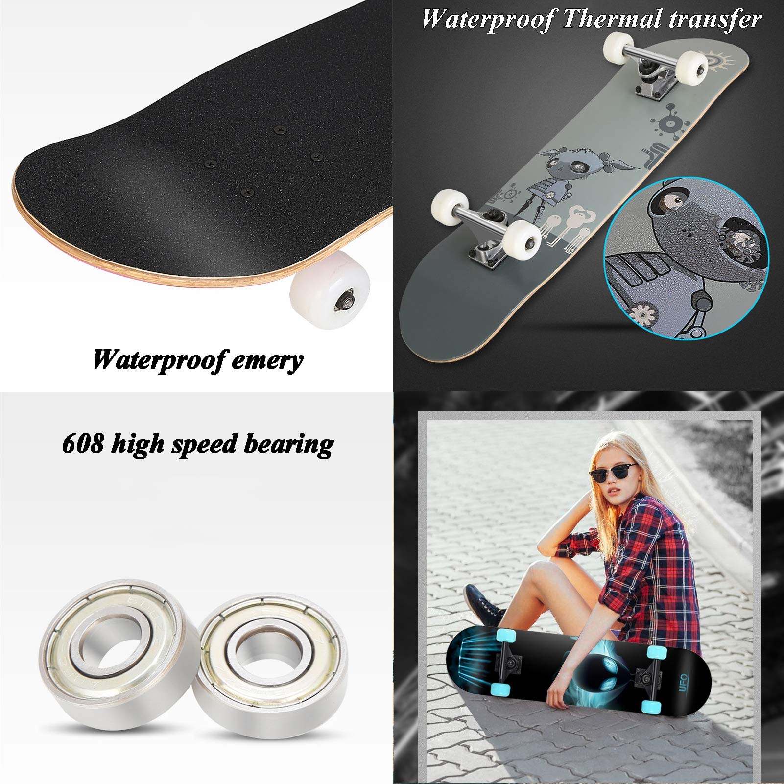 RajoNN Skateboards für Teenager, Standard-Skateboards für Kinder, Jungen, Mädchen, Jugendliche, Anfänger, Starter-Komplett-Skateboards, 31 x 8 Zoll, 7 Schichten Ahorn, Pro Cruiser,