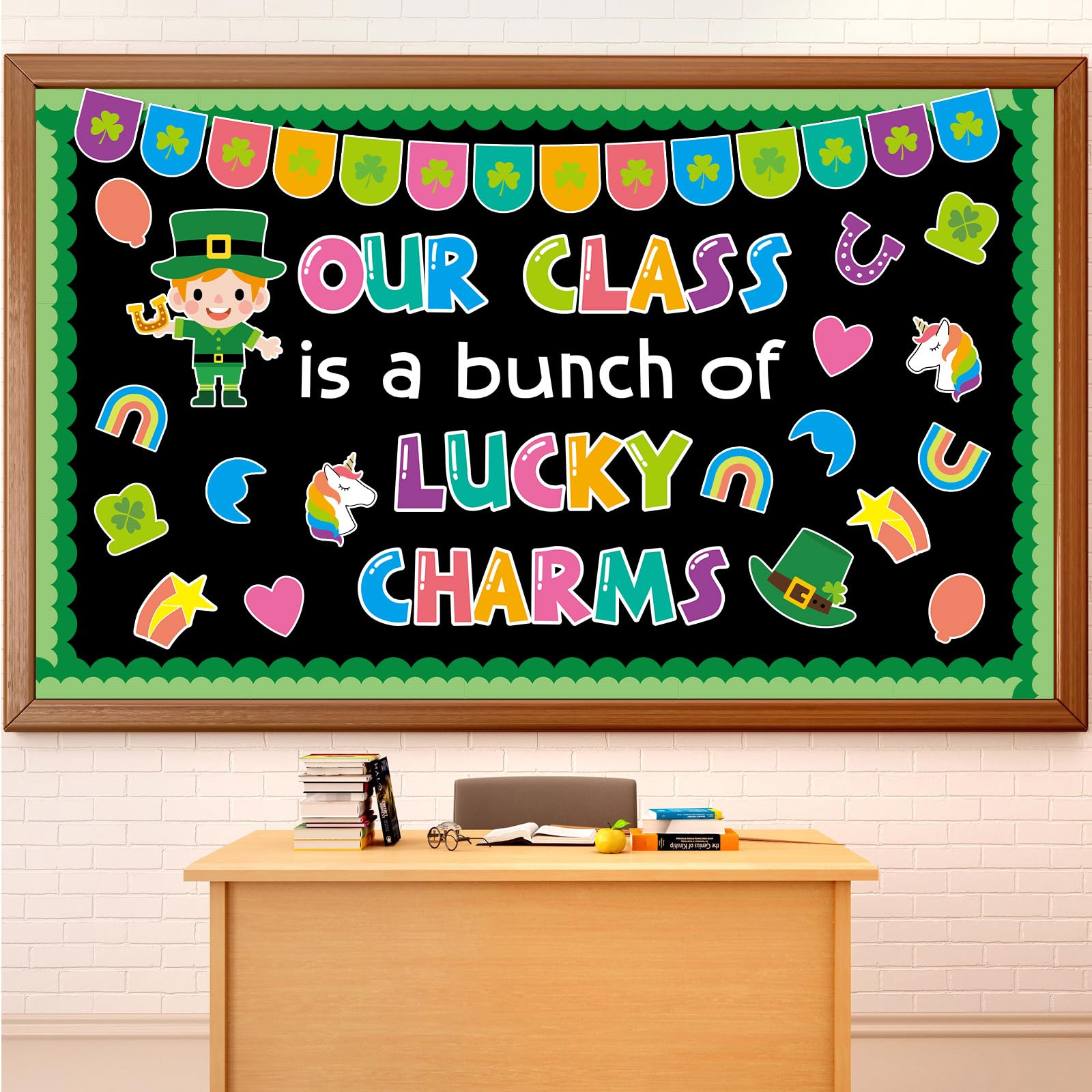 St. Patrick's Day Classroom Bulletin Board Set Decoration Lucky Shamrock Green Borders Irish Clover Unicorn Paper Cutouts for School Chalkboard Wall Door St. Patrick's Day Party Supplies