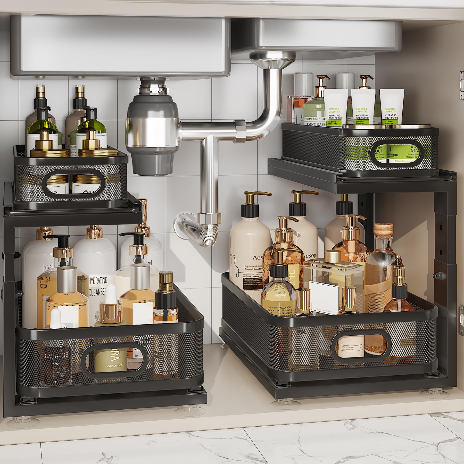 Photo 1 of Corbyles 2 Pack Under Sink Organizer With Next-Gen Ball-Bearing Slides,2-Tier Precision Mesh Pull Out Cabinet Shelf Storage for Bathroom&Kitchen,Slide Out Drawers Height Adjustable,Rust-resistant