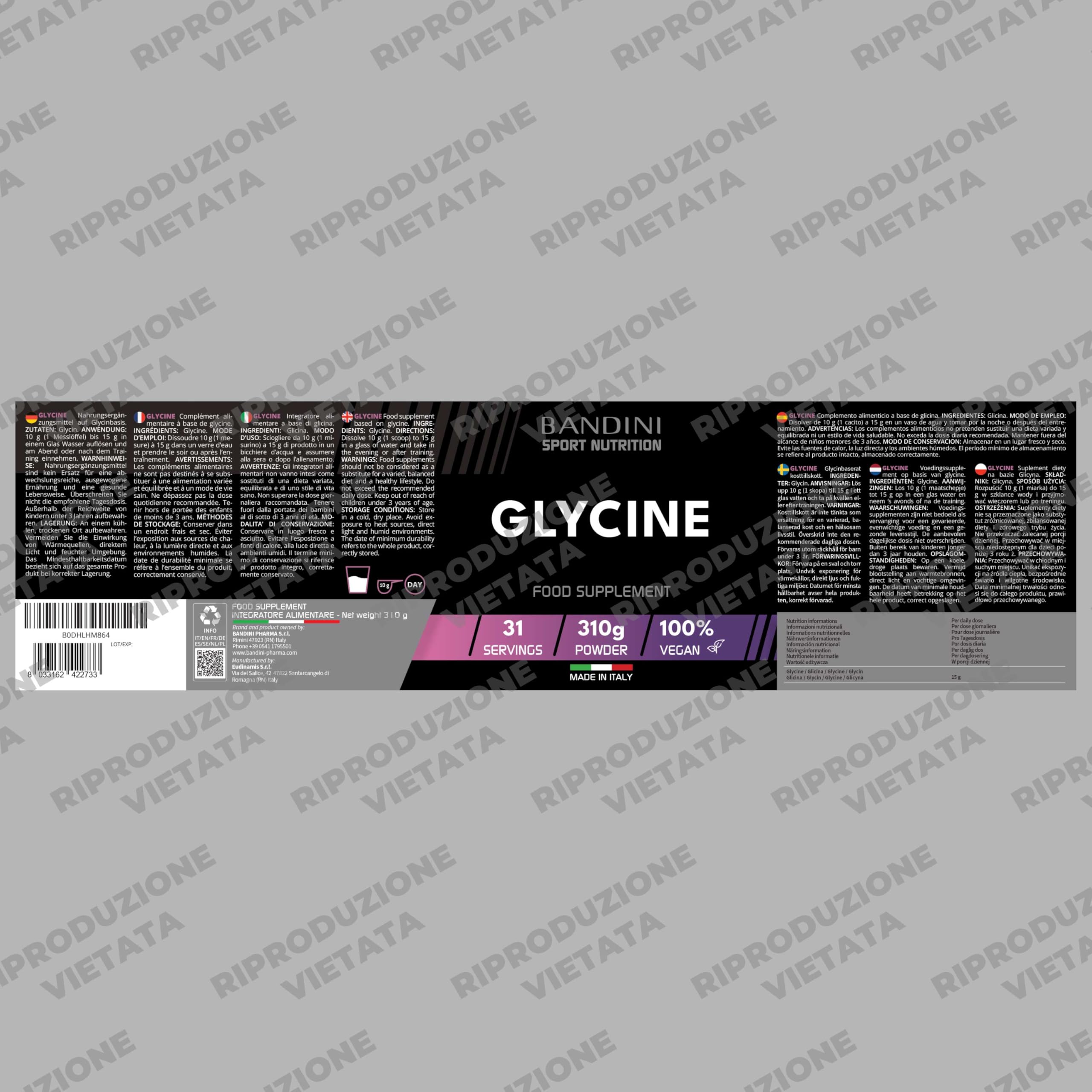 Bandini® GLICINA Polvere, Glycine Pura e Cristallina, Aiuto per il sonno, Puro Aminoacido Naturalmente Dolce, L-Glycin da 310 g, Sintesi del Collagene per Pelle e Articolazioni, Senza Additivi