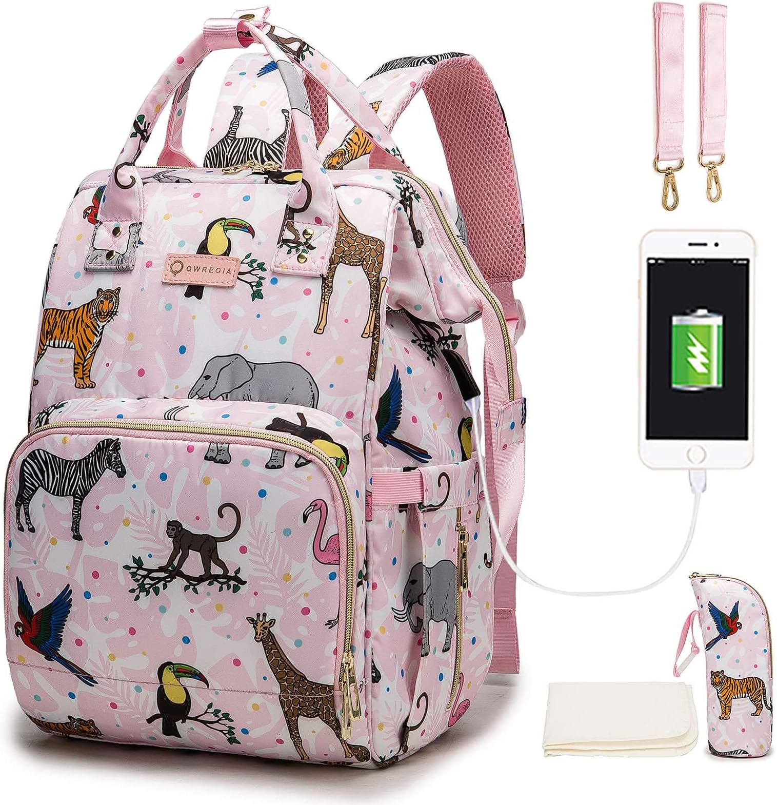 Diaper Bags for Baby Girl,Floral Baby Bag with USB Charging Port Stroller Straps Insulated Pocket and Changing Pad…