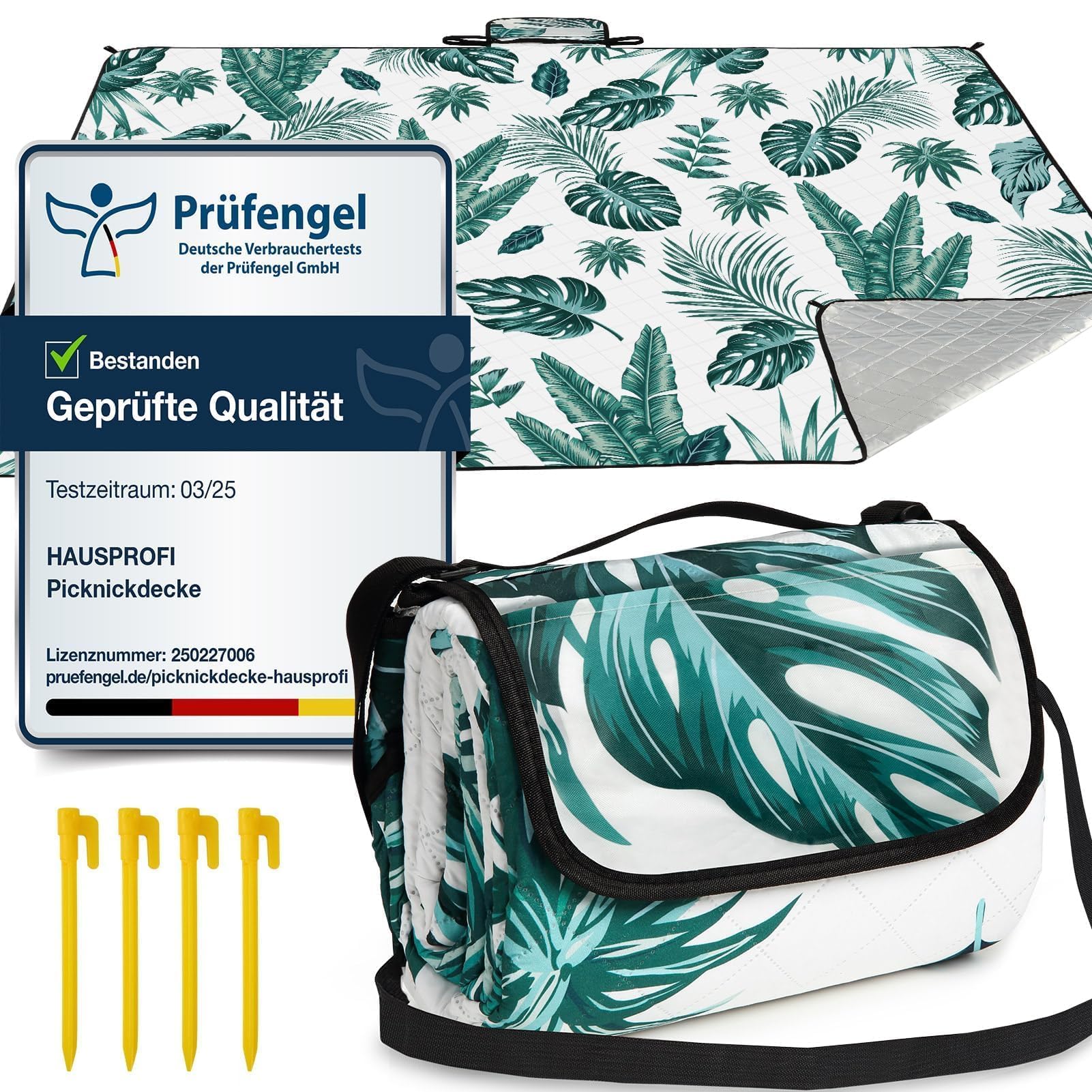 HAUSPROFI Picknickdecke 200x300 cm, wasserdicht & isoliert - XXL Outdoor Decke für Picknick, Strand, Camping, mit Baumwolle gepolstert, inkl. Tragegriff & Heringe, Tragbar, Waschbar & formstabil