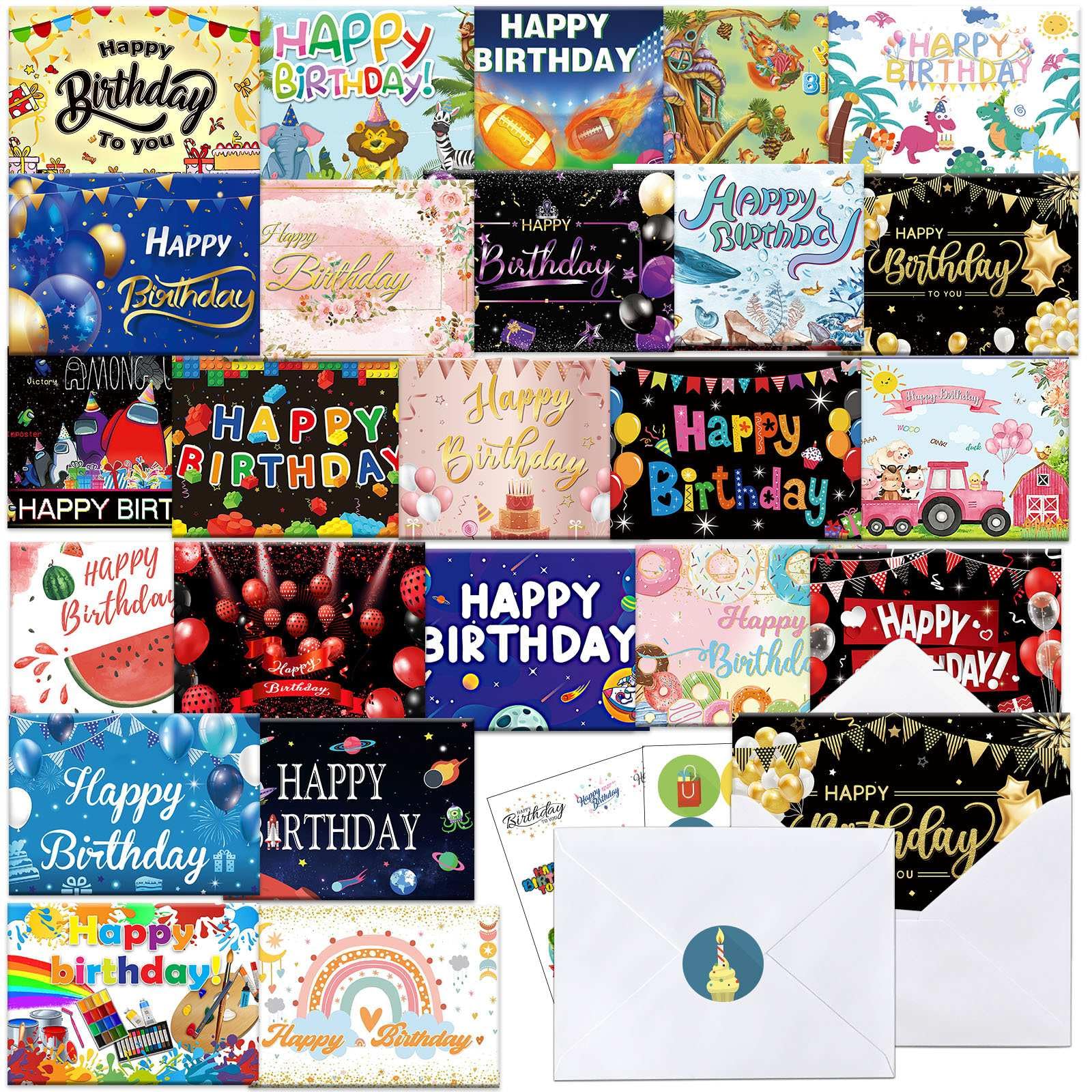 72 Happy Birthday Cards with Envelopes, 24 Unique Designs, Birthday Cards Bulk with Blank Inside, 4x6 inches, Assorted Birthday Cards Assortment for