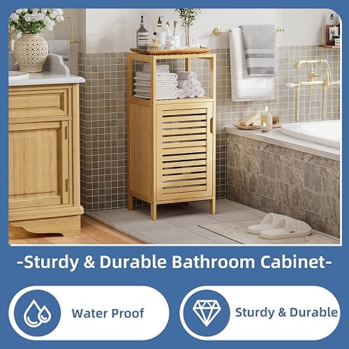 Miniatura 5 de HITNET Armario de baño independiente, pequeño gabinete de piso de bambú, 4 niveles de una sola puerta sofá mesa auxiliar organizador de