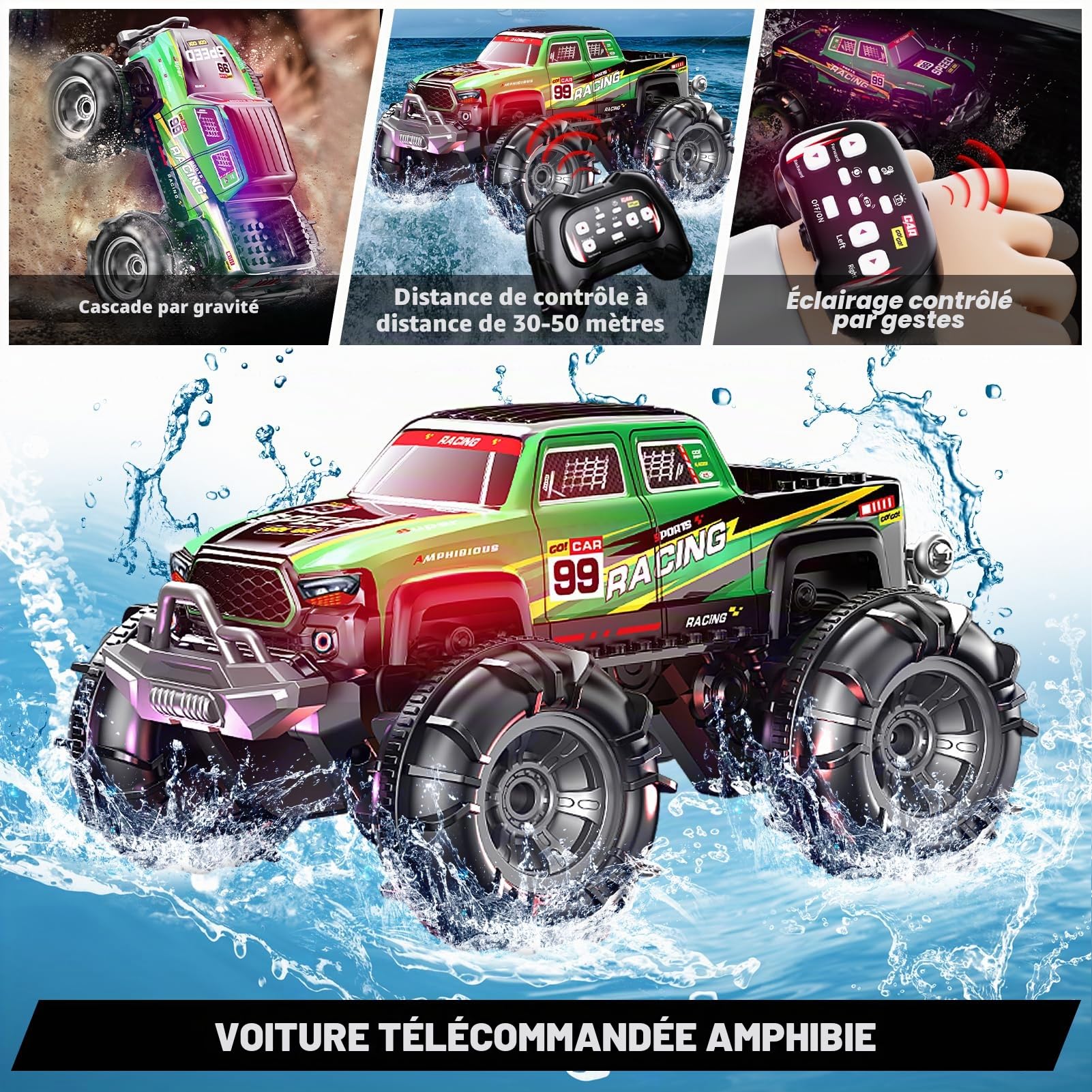ROUSKY Monster Truck amphibie télécommandé, 2,4 GHz double commande avec montre et contrôleur, voiture télécommandée rotative à 360° avec lumières LED, vert course (vert)