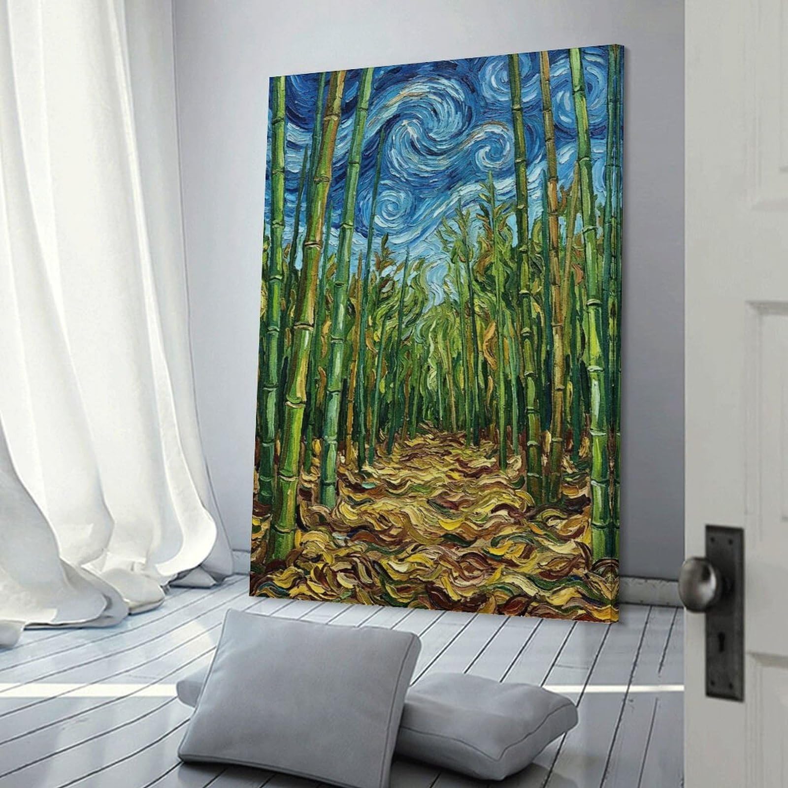 Junmoney Bamboo Forest in Starry Night Style Wall Art Print, 24x36inch(60x90cm), for Study, Office Or Focused Interiors, Home Office Artwork with Decorative Appeal