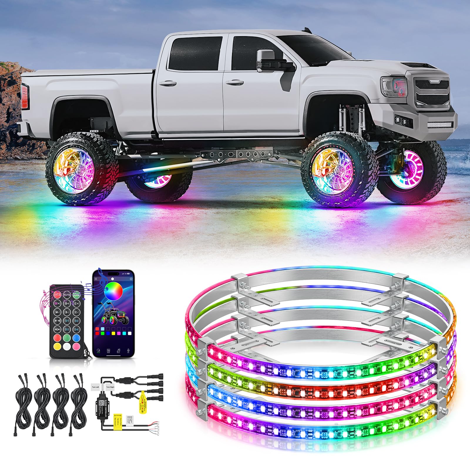 Nilight 4PCS 15.5inch Wheel Ring Lights Deram Color with APP and Remote Control Neon Lights Million Colors w/Turn Signal and Braking Function for Car Van SUV Truck