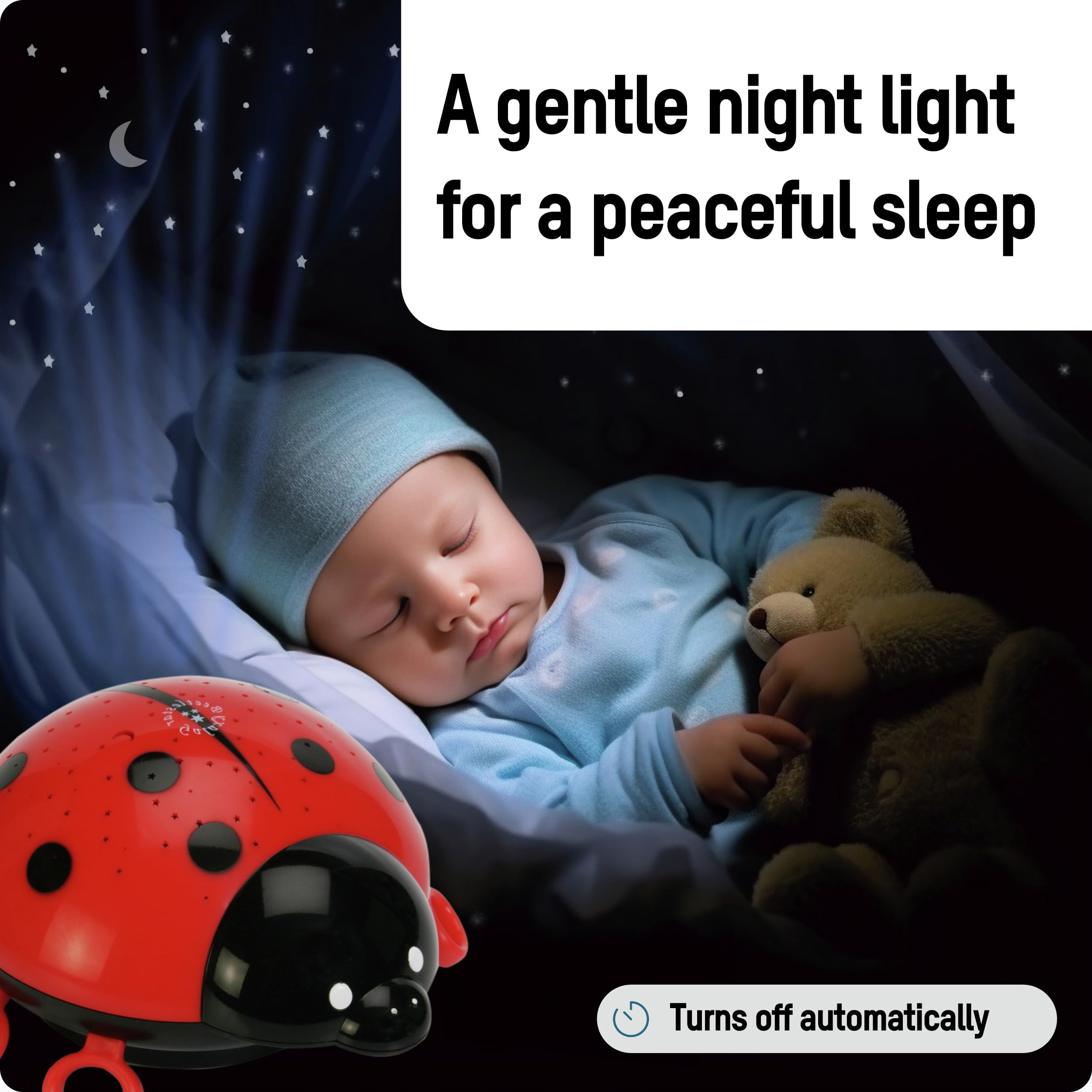 ANSMANN Luce LED coccinella con proiettore - Lampada notturna per bambini con cambio colori proiezione cielo stellato - Lucina bimbi Sensore Touch