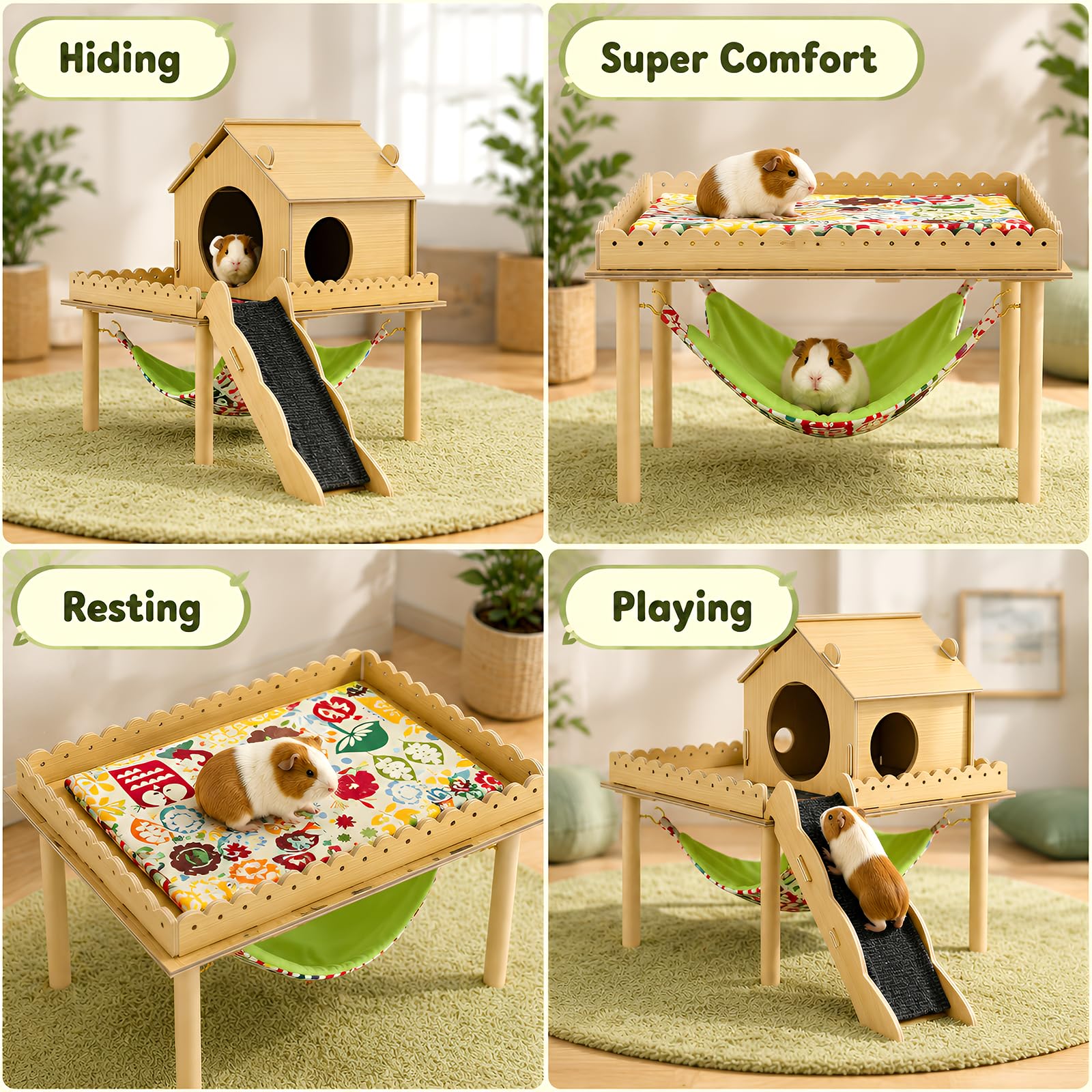 Maison 3-en-1 pour cochon d'Inde, maison pour hamster avec plateforme, escalier, rampe et cachette, accessoires pour petits animaux avec hamac, convient pour lapins, hamsters nains
