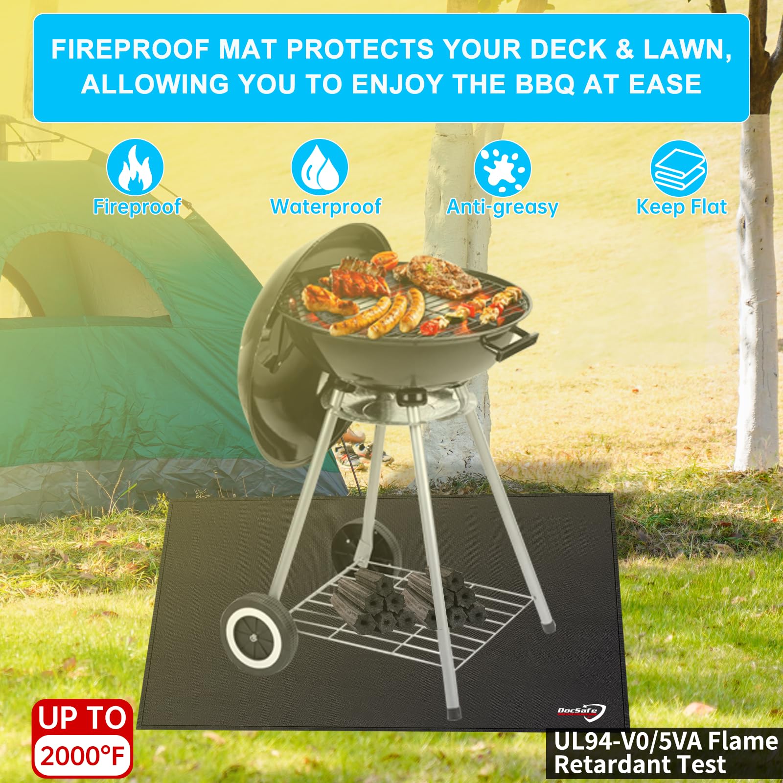 DocSafe Mata pod grill, mata ognioodporna, 4 warstwy, ochrona na taras, trawę, na zewnątrz, palenisko i palenie grilla, przenośna wielokrotnego użytku i wodoodporna, czarna