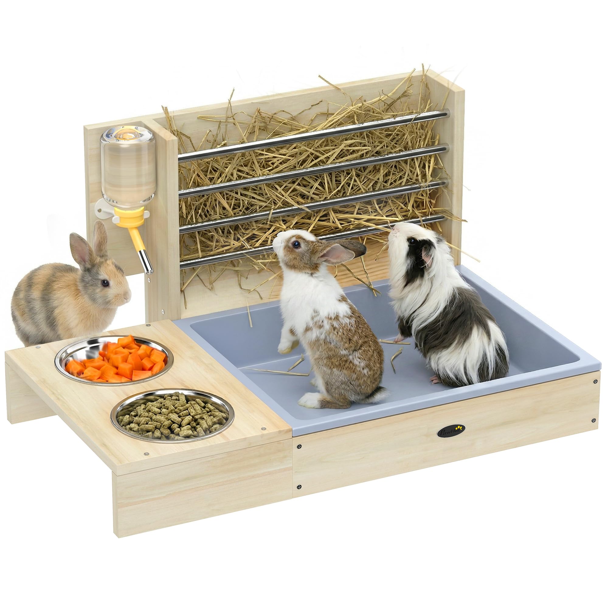 PawHut Comedero de Heno para Conejos con Bandeja, Alimentador de Heno de Madera con Cuenco de Acero Inoxidable y Botella de Agua, para Cobayas, Chinchillas, Gran Capacidad y Prevención de Residuos