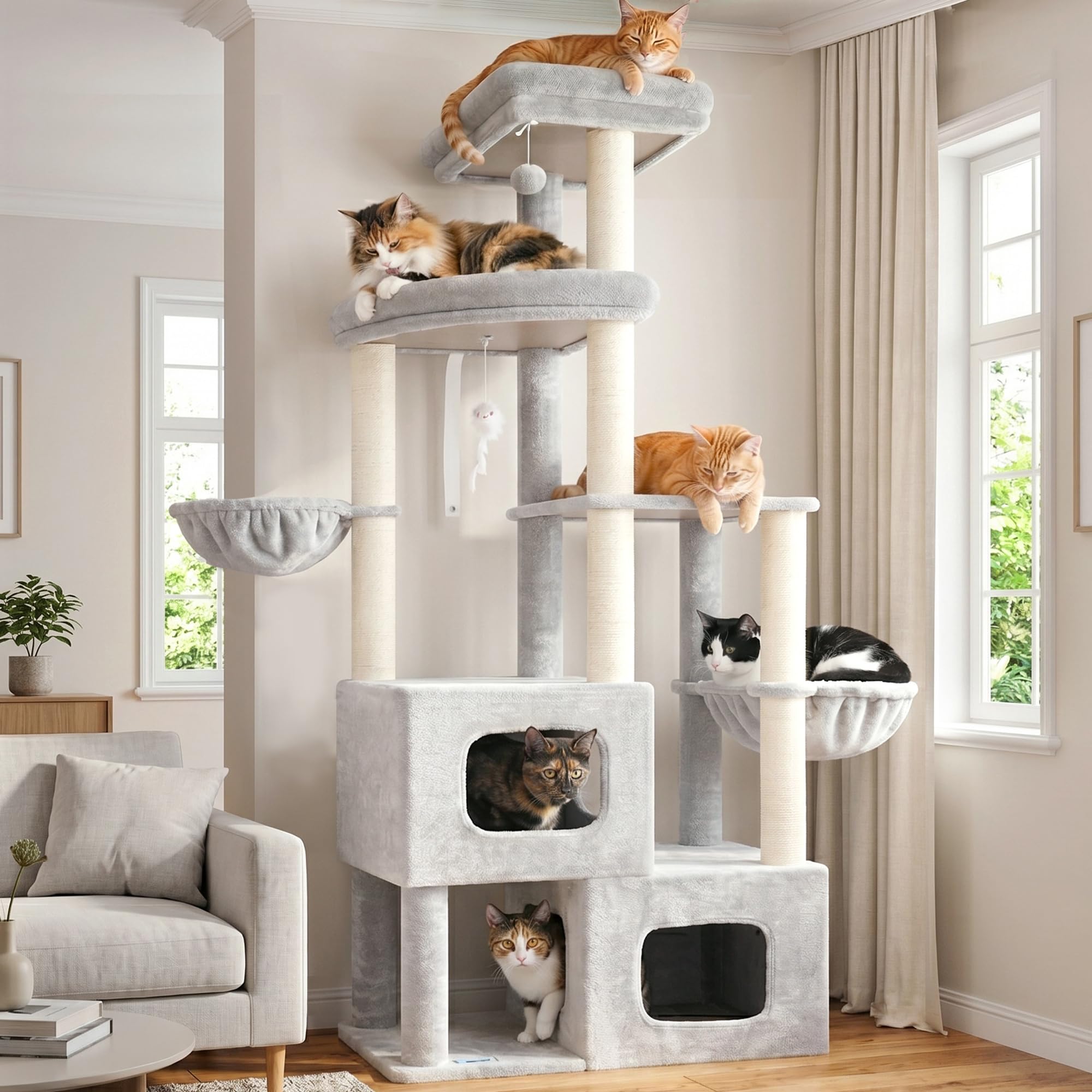 Gitelsnour Kratzbaum stabil, 181 cm hoher Katzenbaum für große Katzen mit 2 Katzenhöhlen, 3 Aussichtsplattformen und 2 Hängekörben, vollverkleidete Sisal-Kratzsäulen & Spielzeuge, Hellgrau GCT801W