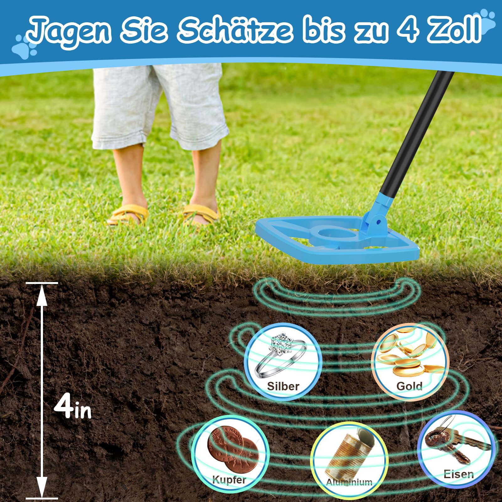 Metalldetektor Kinder, OMMO USB Wiederaufladbarer Metalldetektor mit Lustigem LCD-Display, 72-100cm Verstellbarer Leichter Metalldetektoren für Kinder, Erkundung im Freien, Azure