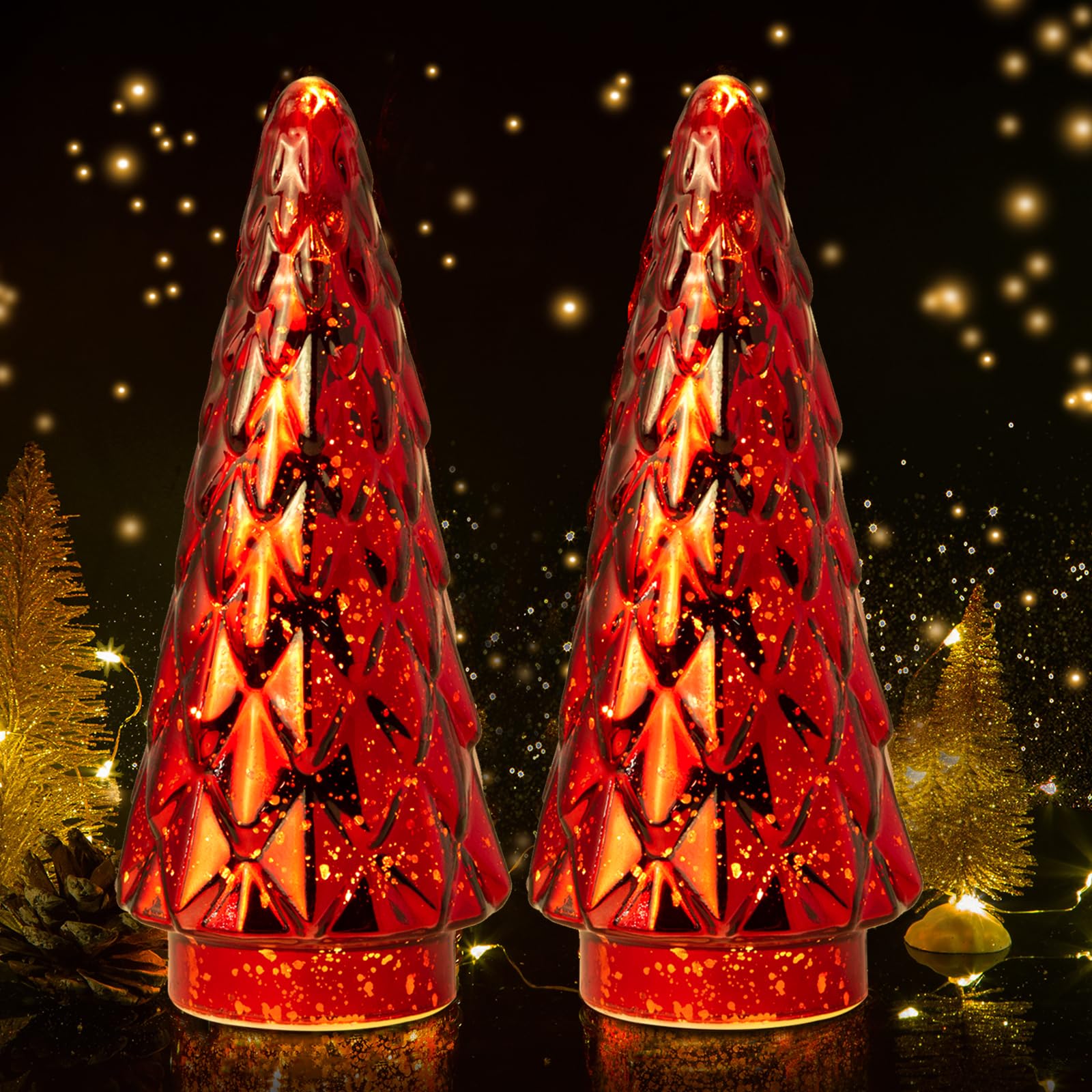 Mercury Glass Christmas Tree, 2-Pack Lighted Xmas Tree Decorations, Holiday Centerpiece Battery Operated LED with Timer, Decorative for Tabletop Window Mantel Display Party Indoor Home Decor(RED)