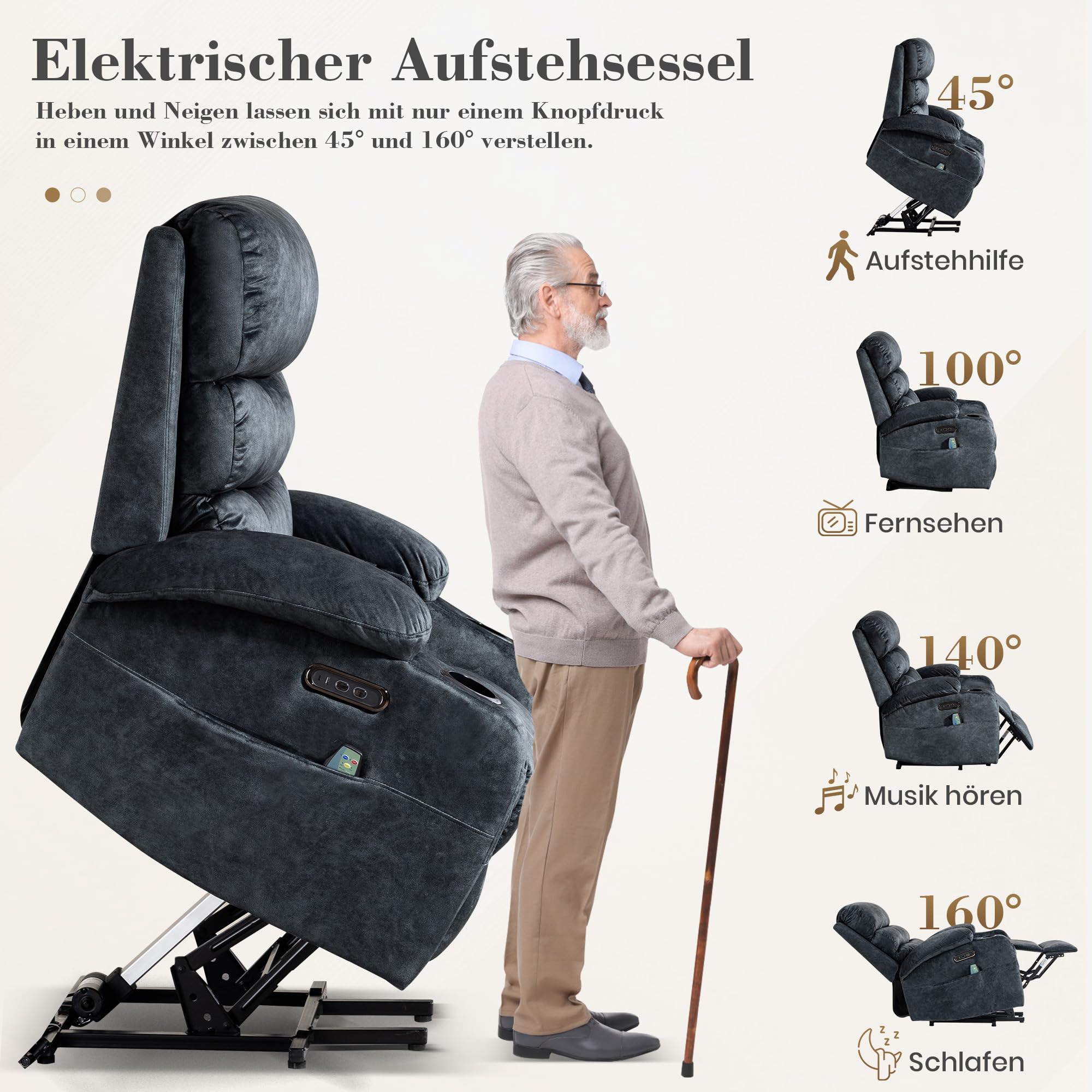 Fernsehsessel mit Aufstehhilfe Elektrisch, Relaxsessel mit Liegefunktion, Massagesessel mit Wärmefunktion, Liegefunktion, 4 Seitentaschen, TYP C & USB-Anschlüsse TV Sessel Wohnzimmer (Grau)
