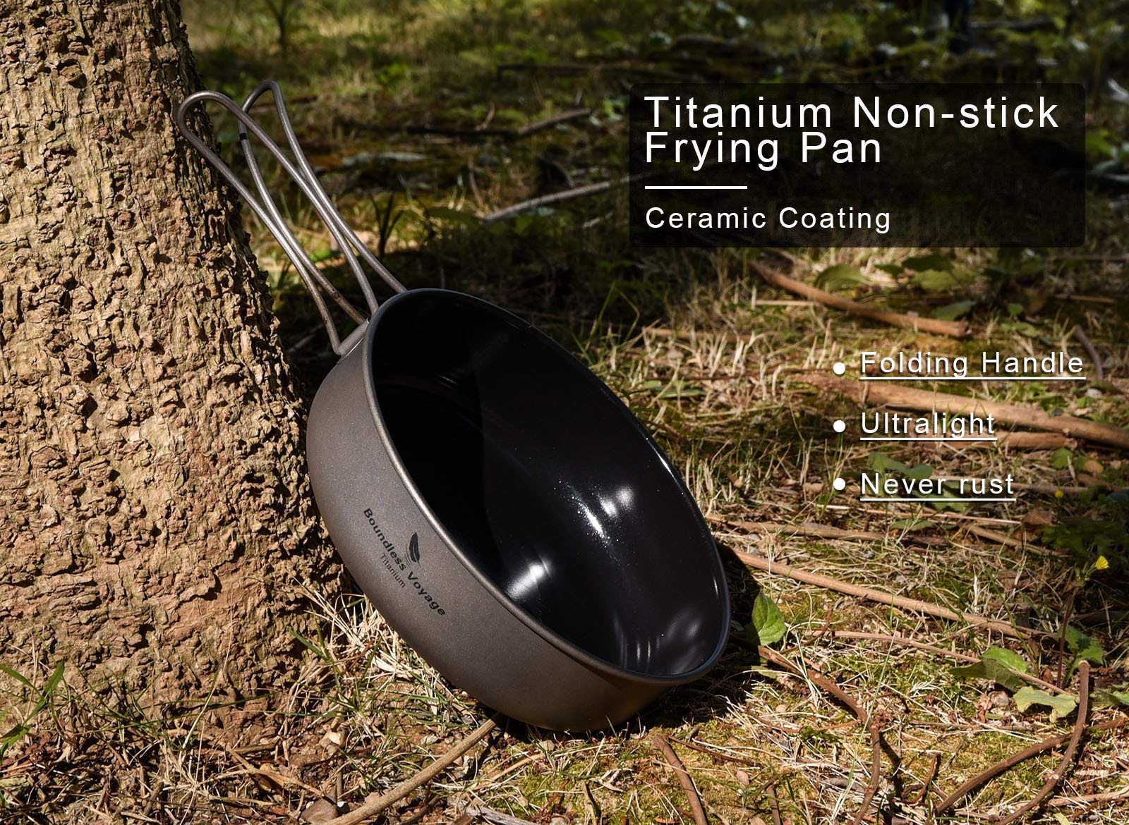 Boundless Voyage A-Ti2067C - Sartén antiadherente de titanio con mango plegable, revestimiento de cerámica, para exteriores, camping, picnic, senderismo, barbacoa, utensilios de cocina