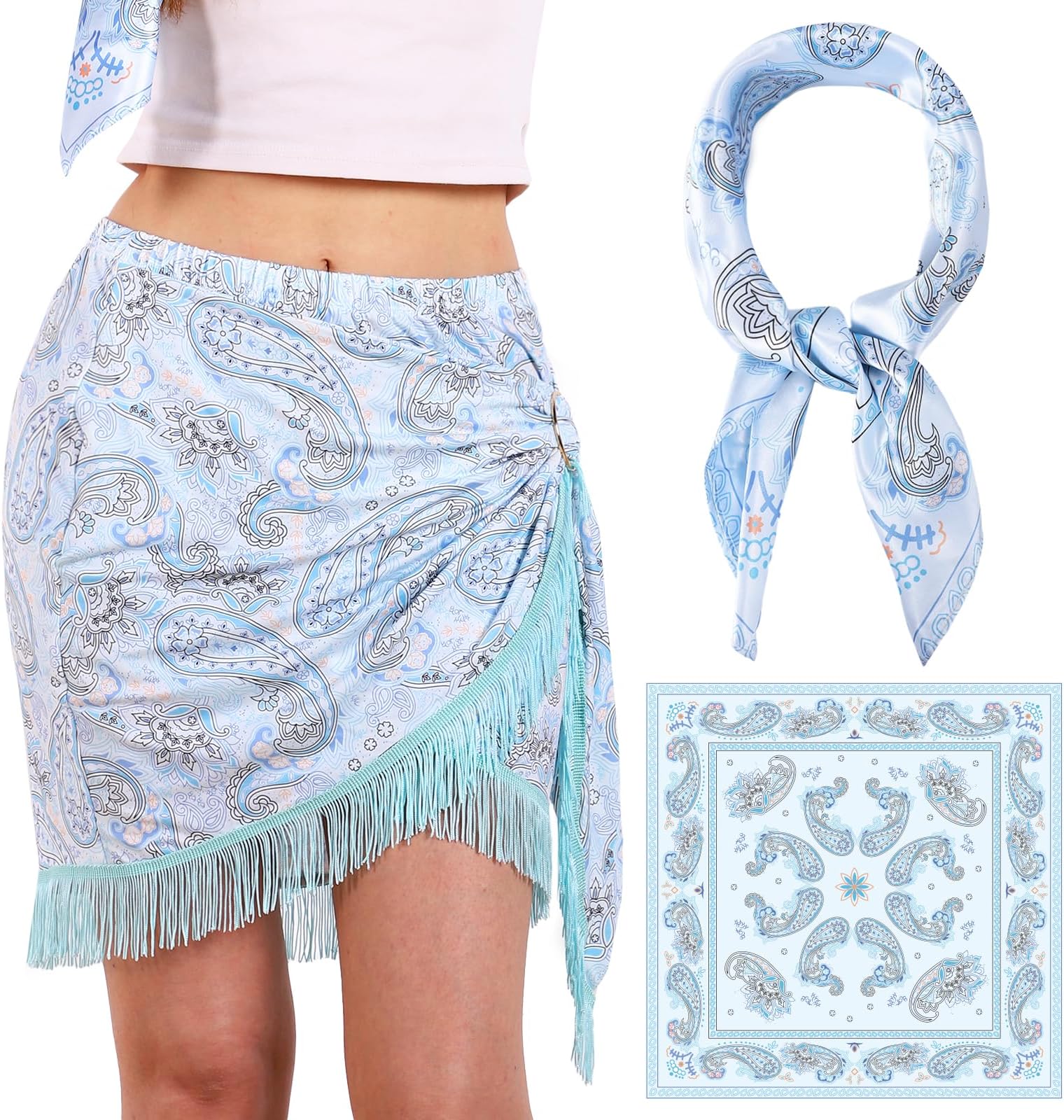 Wrap Skirt for Women Casual Mini Skirt with Silk 27" Square Scarf, Side Elastic Waist Print Short