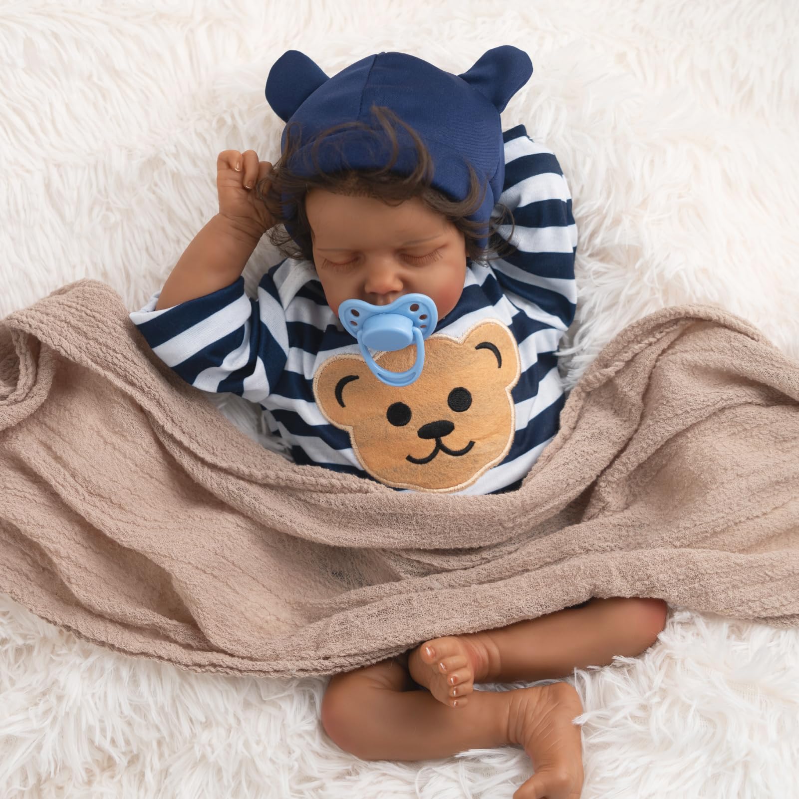 Jirachi Black Realistic Baby Doll Boy, 18-inch Black American Reborn Baby Soft Body Lifelike Doll with Feeding Toy for Kids Age 3+