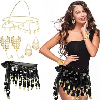 Beipegin 6 Pieces Belly Dancer Costume Women Belly Dance Hip Scarf Black Sequin Skirt Gypsy Headpiece Gold Coin Earrings Bracelet Dance Skirt for Performance Costume Dance Game Wedding Party
